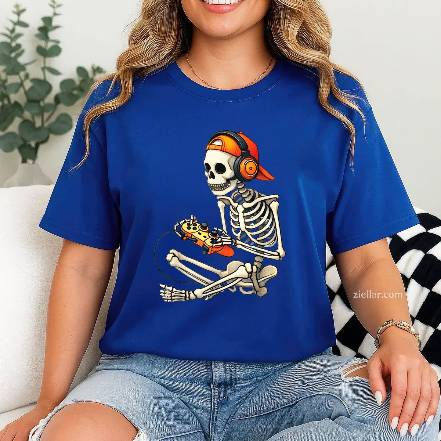 Skeleton Gamer Halloween Tee and T-Shirt, Video Game Theme Spooky T-Shirt for Adults