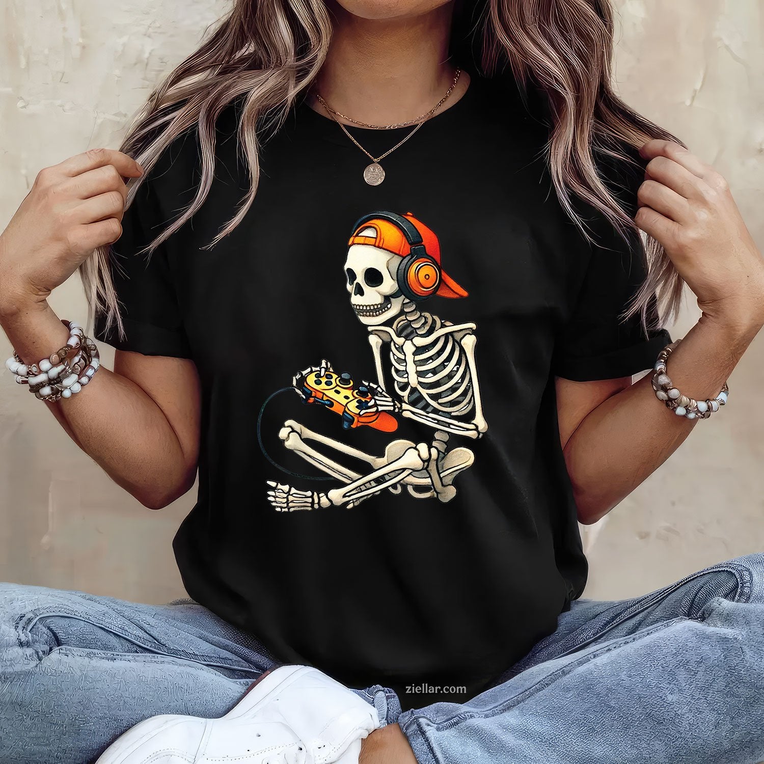 Skeleton Gamer Halloween Tee and T-Shirt, Video Game Theme Spooky T-Shirt for Adults