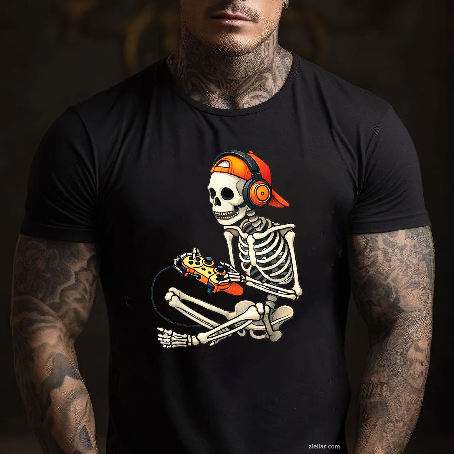 Skeleton Gamer Halloween Tee and T-Shirt, Video Game Theme Spooky T-Shirt for Adults