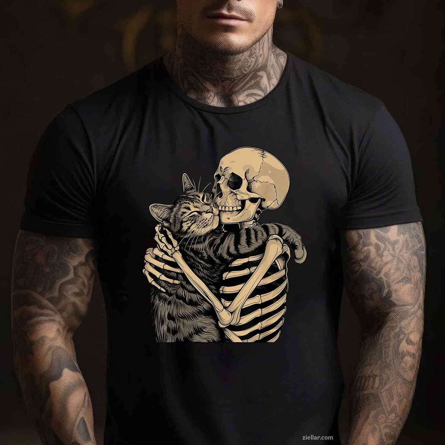 Skeleton Hugging Cat Halloween Cat Lover Cat Mom Dad Tee, Halloween T-Shirt for Men Women Adults Unisex, Aesthetic Streetwear Top, Soft Cotton Premium Print