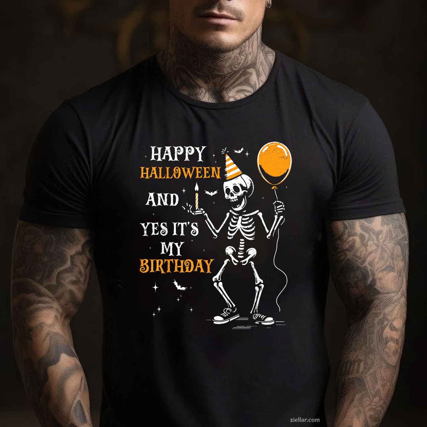 Skeleton Happy Halloween And Yes It's My Birthday October T-Shirt and Tee for Adults Men Women Unisex