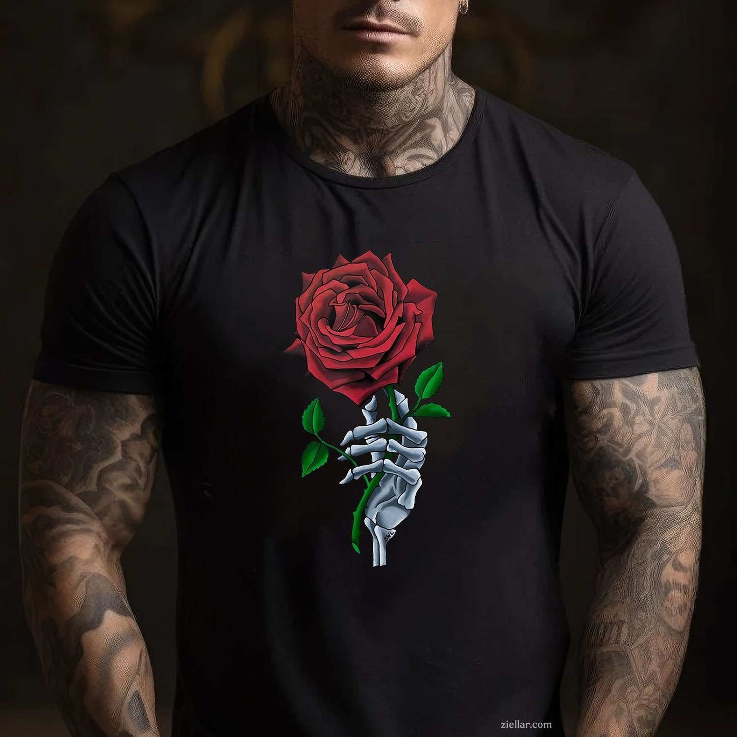 Skeleton Hand Holding Stem Flower Graphic Design Red Rose Tee, Skeleton T-Shirt for Men Women Adults Unisex, Trendy Graphic Apparel, Unique Gift Idea