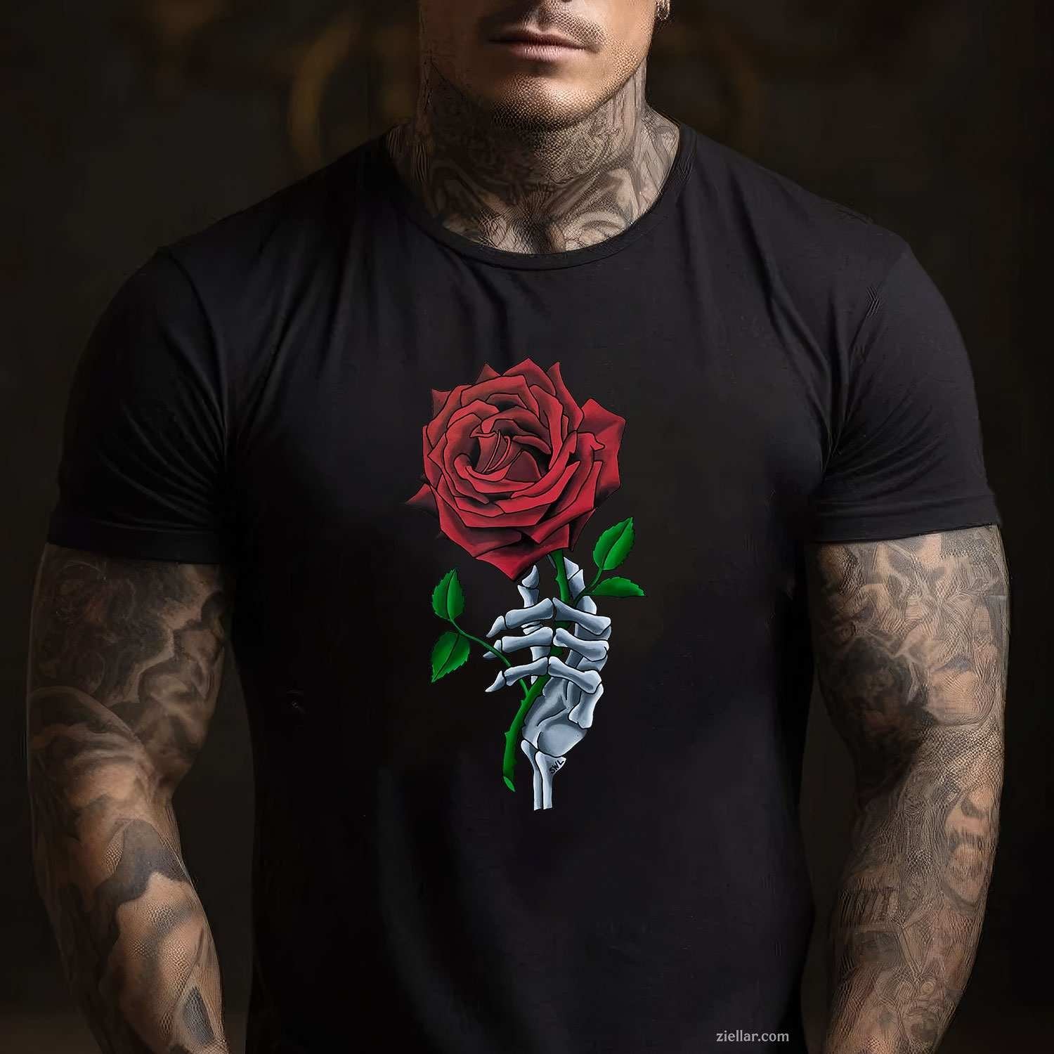 Skeleton Hand Holding Stem Flower Graphic Design Red Rose Tee, Skeleton T-Shirt for Men Women Adults Unisex, Trendy Graphic Apparel, Unique Gift Idea