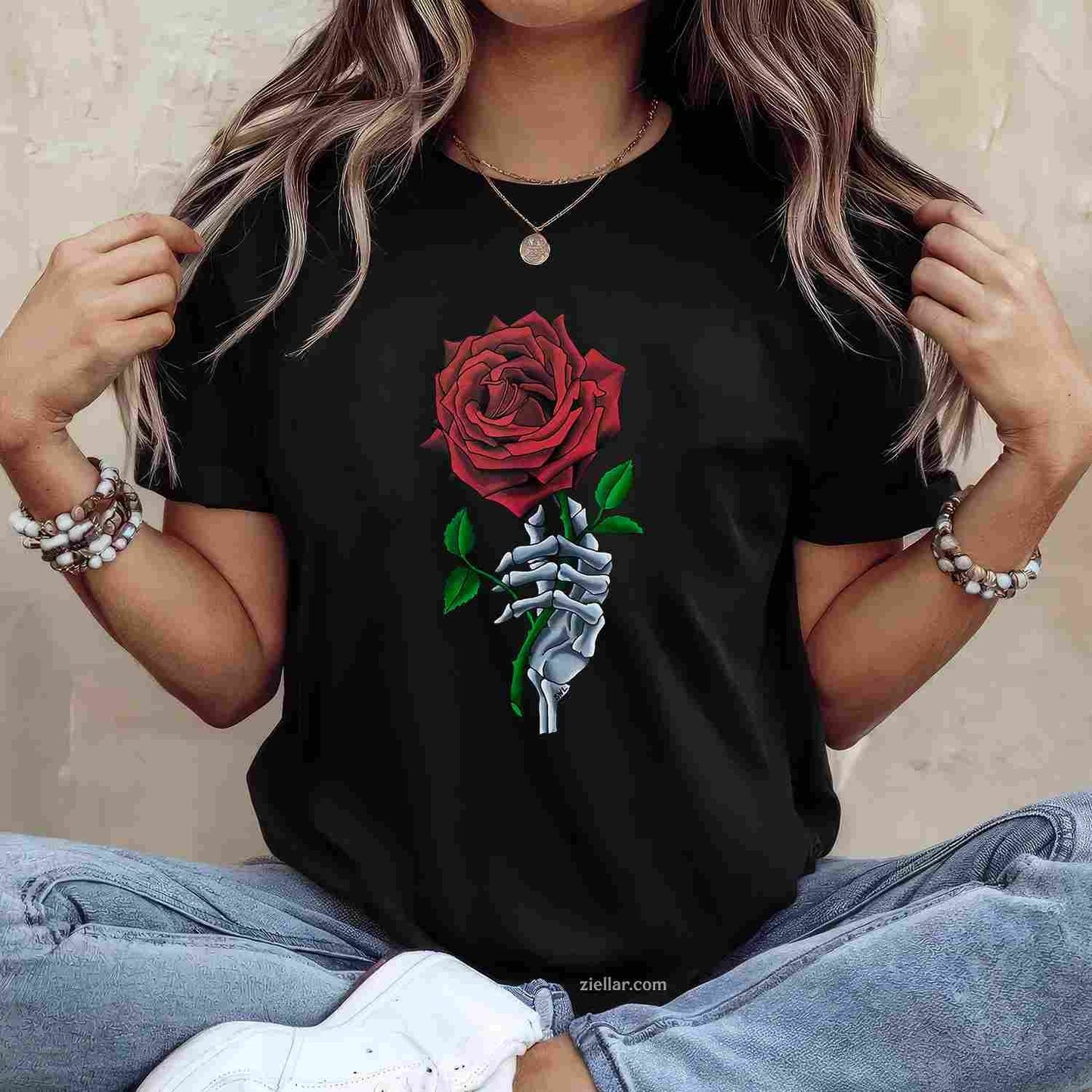 Skeleton Hand Holding Stem Flower Graphic Design Red Rose Tee, Skeleton T-Shirt for Men Women Adults Unisex, Trendy Graphic Apparel, Unique Gift Idea