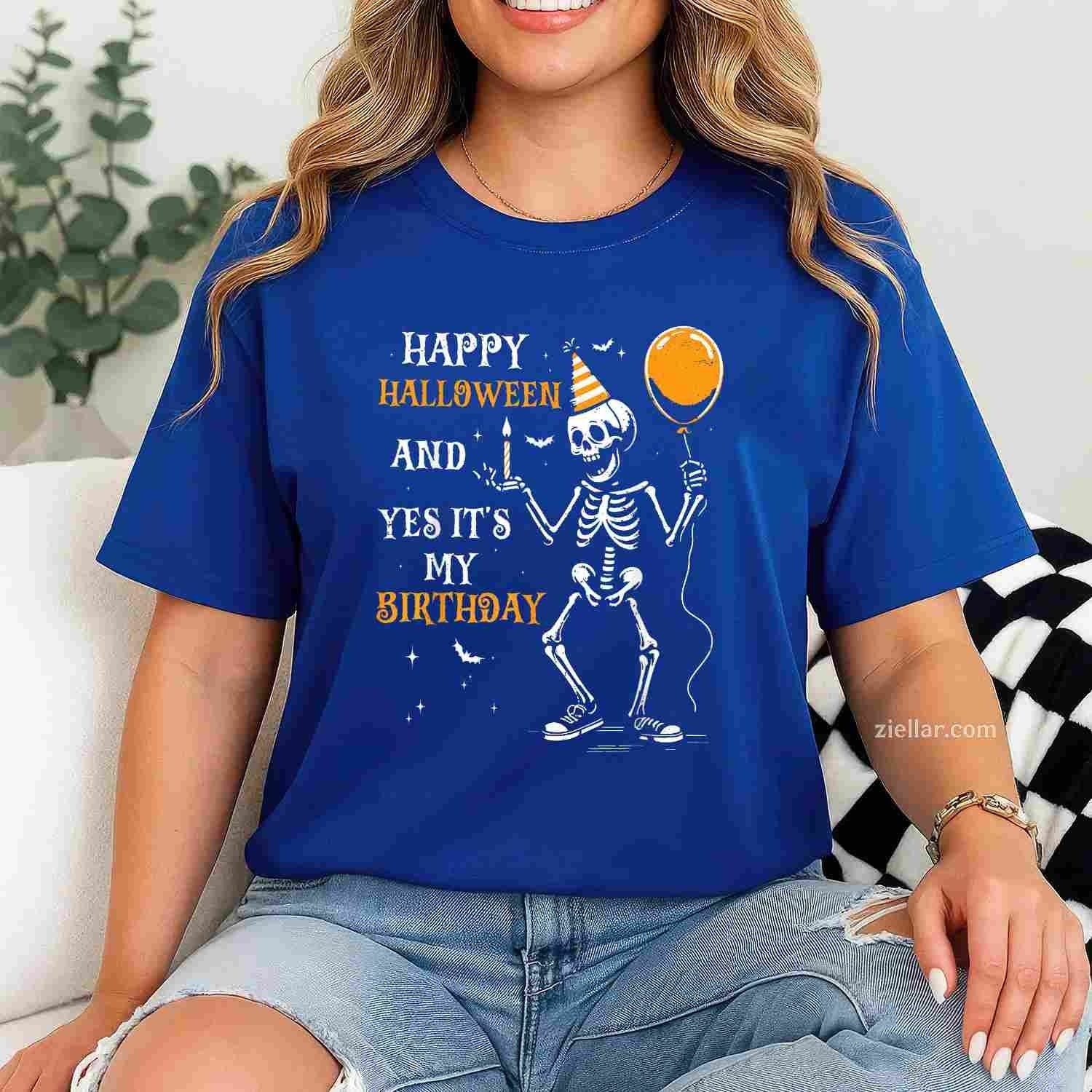 Skeleton Happy Halloween And Yes It's My Birthday October T-Shirt and Tee for Adults Men Women Unisex