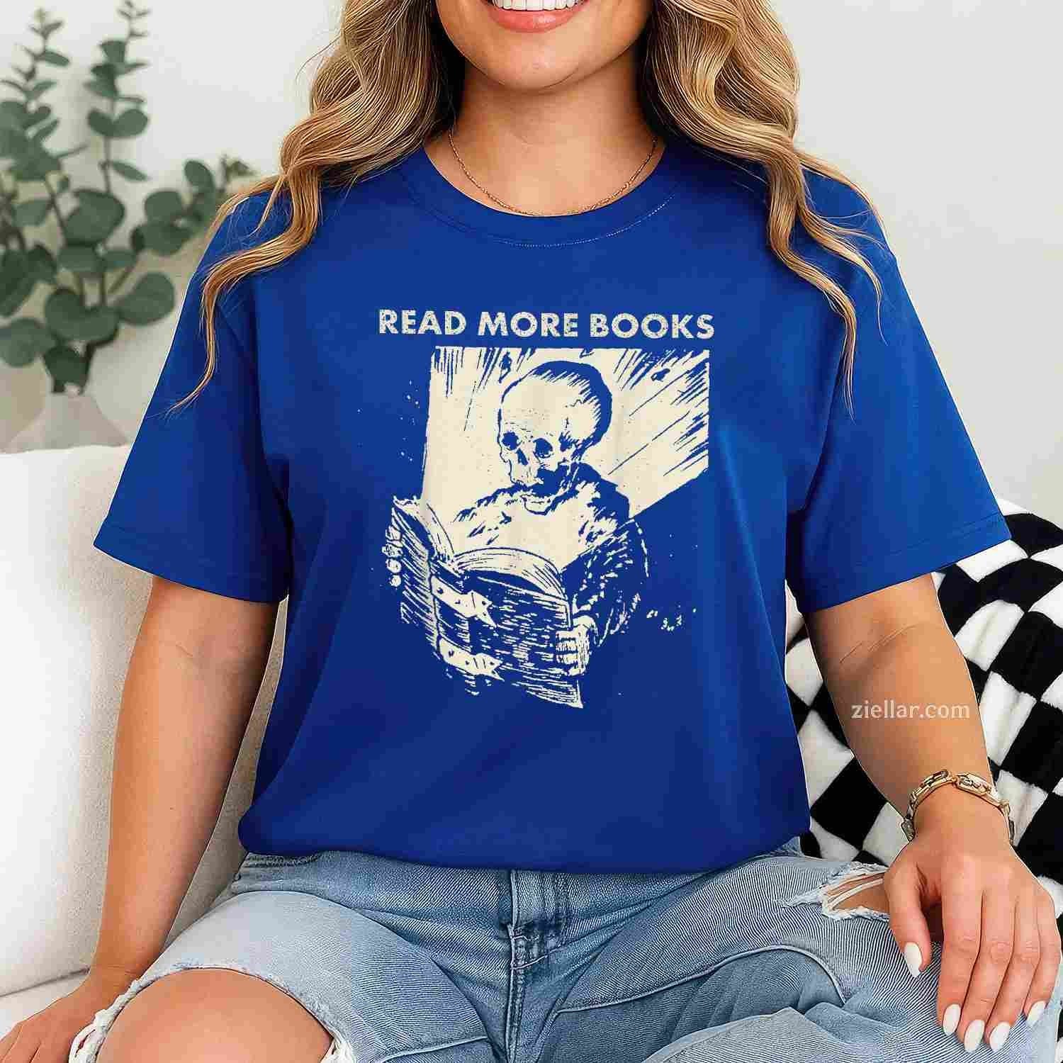Skeleton Read More Books T-Shirt, Vintage Graphic Tee For Bookworm, Librarian, Bibliophile