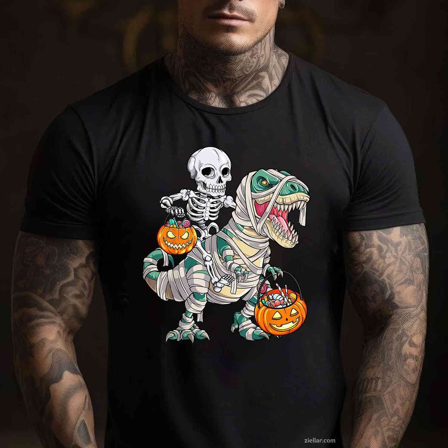 Skeleton Riding Mummy Dinosaur T rex Halloween Funny Pumpkin Tee, Halloween T-Shirt for Men Women Adults Unisex, Trendy Graphic Apparel, Unique Gift Idea