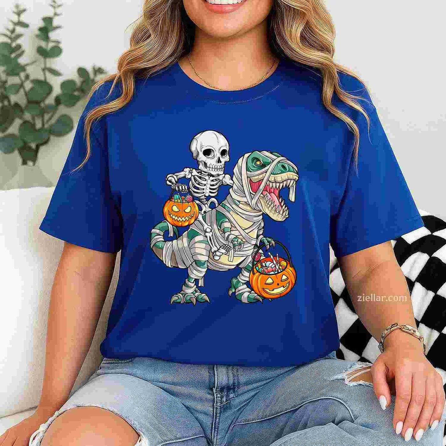 Skeleton Riding Mummy Dinosaur T rex Halloween Funny Pumpkin Tee, Halloween T-Shirt for Men Women Adults Unisex, Trendy Graphic Apparel, Unique Gift Idea