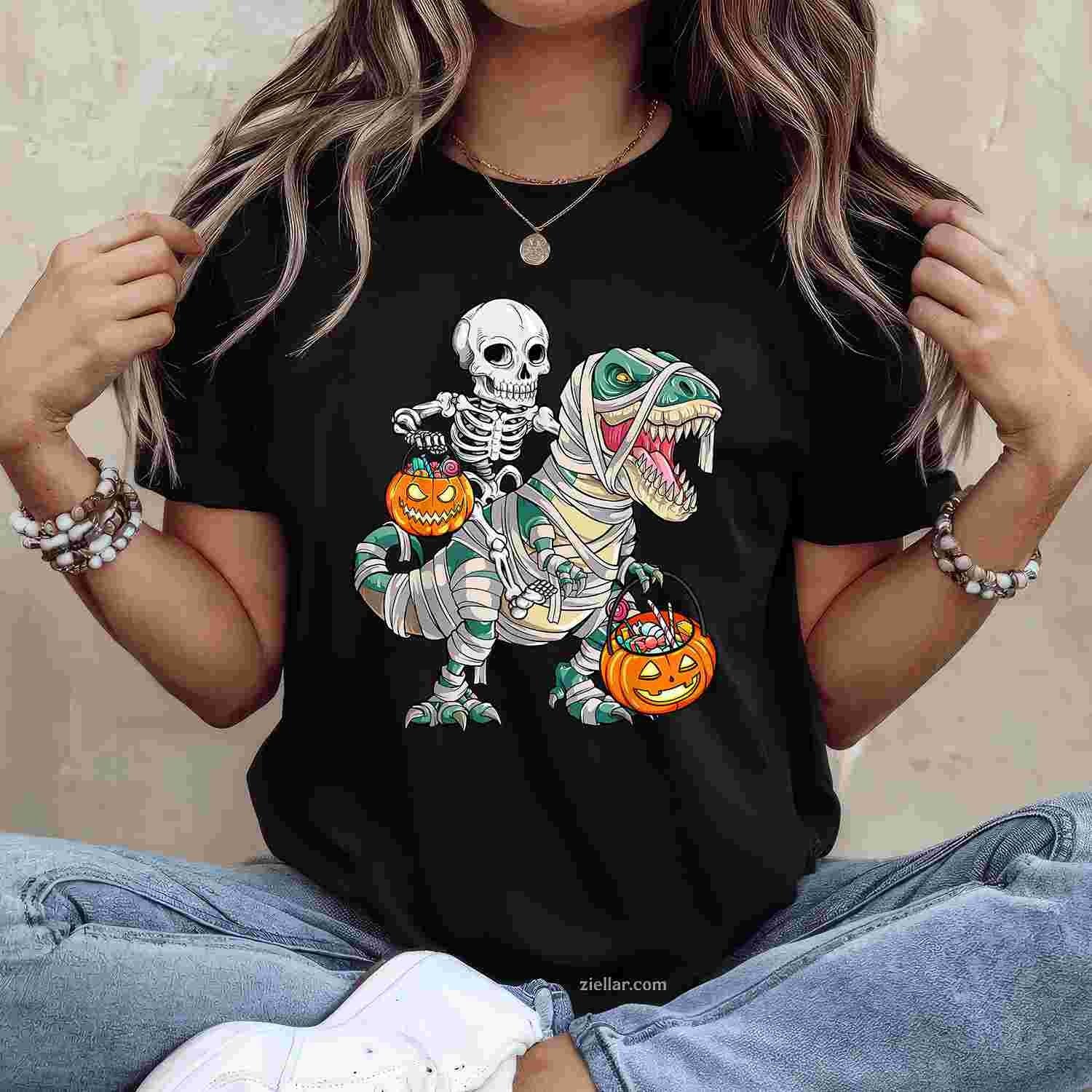 Skeleton Riding Mummy Dinosaur T rex Halloween Funny Pumpkin Tee, Halloween T-Shirt for Men Women Adults Unisex, Trendy Graphic Apparel, Unique Gift Idea
