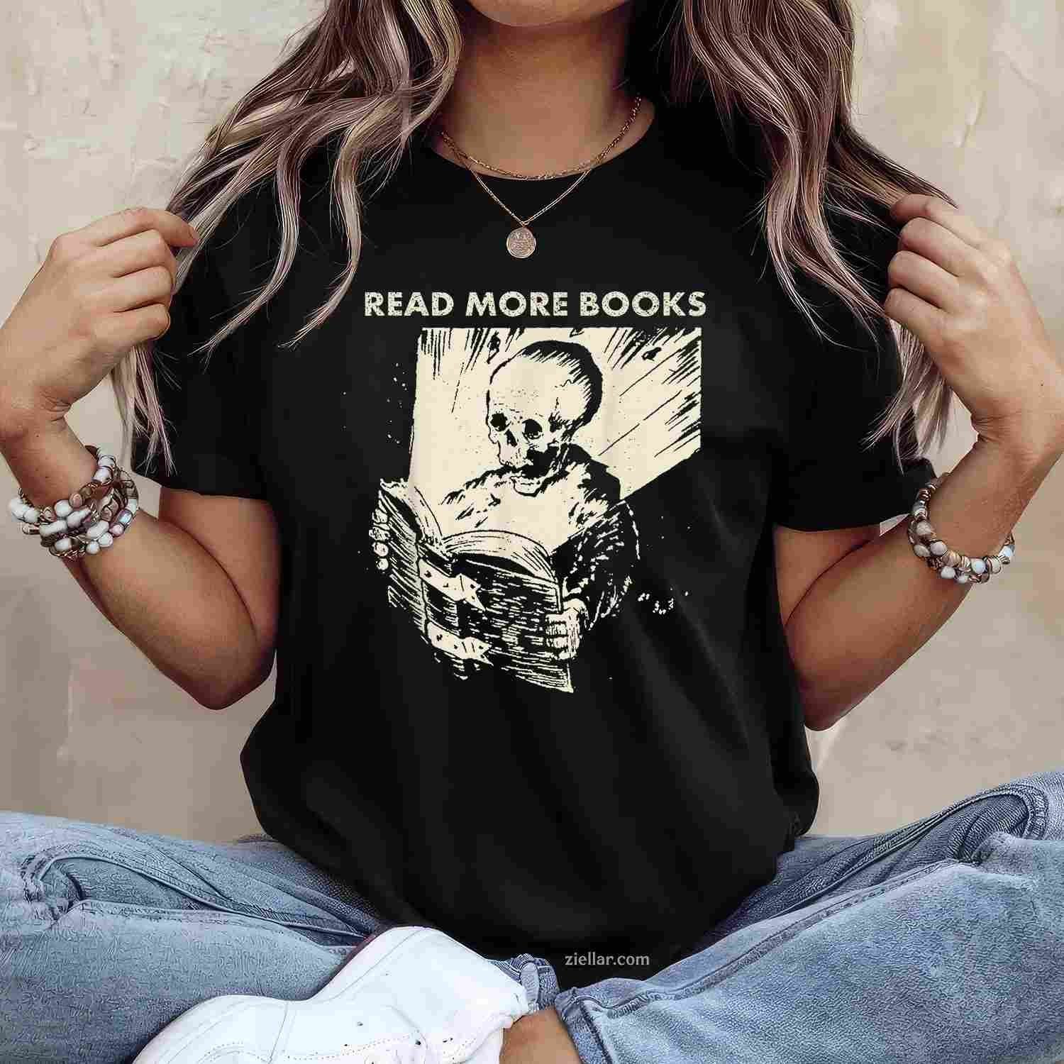 Skeleton Read More Books T-Shirt, Vintage Graphic Tee For Bookworm, Librarian, Bibliophile