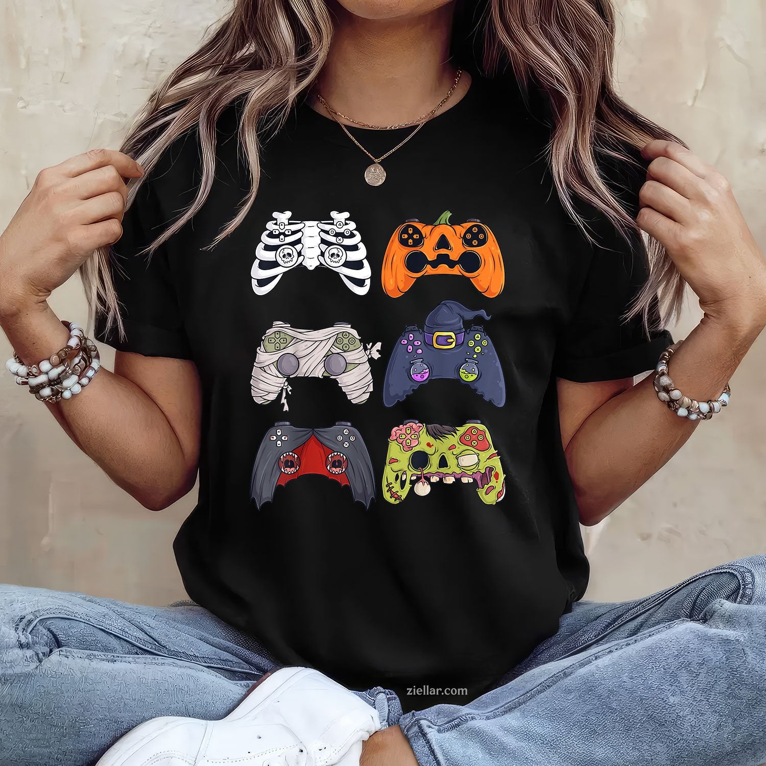 Skeleton Zombie Gamer Tee and T-Shirt, Funny Halloween Controller T-Shirt for Adults