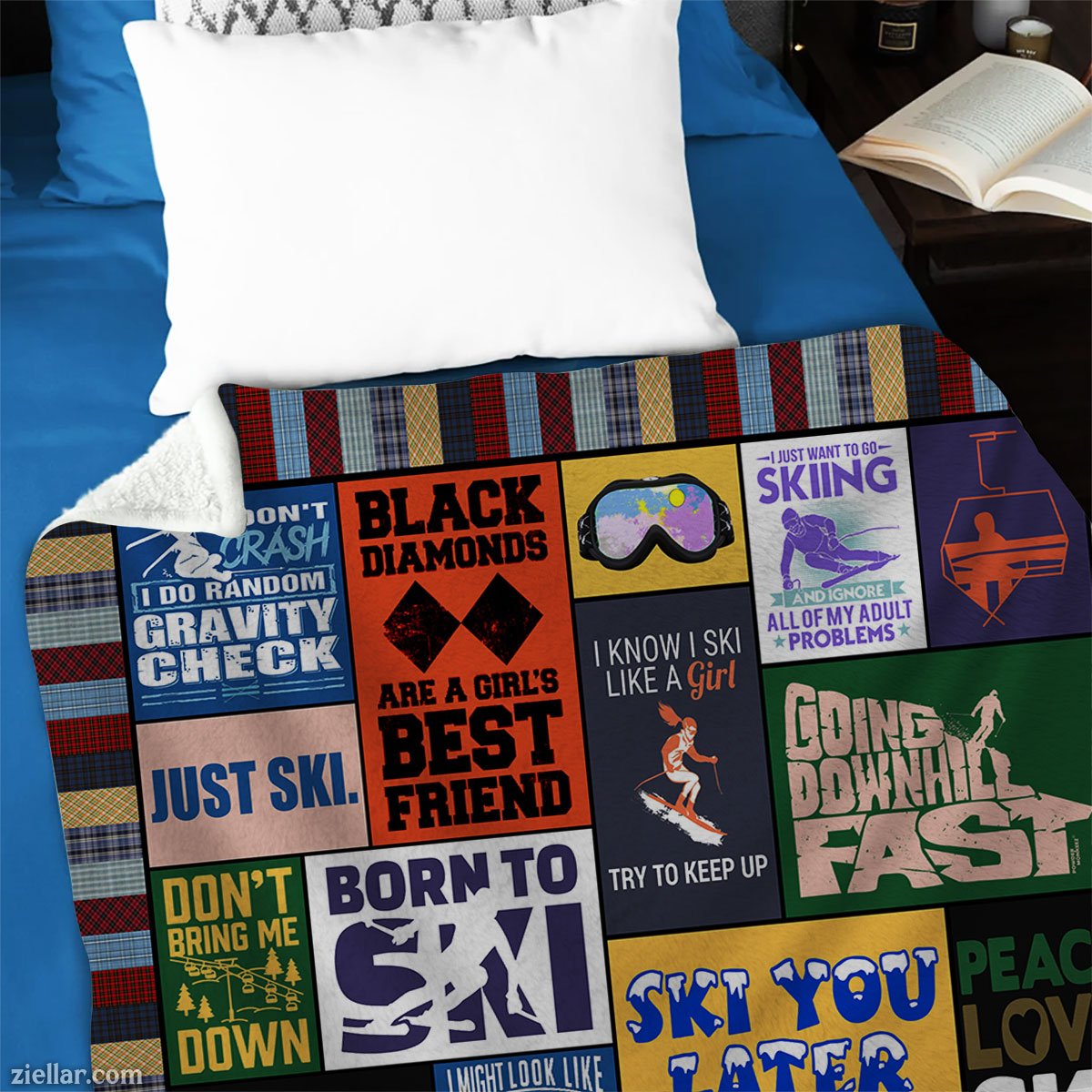 Ski Life Quilt Blanket, Fleece Blanket Funny and Bold Typography Gift for Ski Enthusiasts
