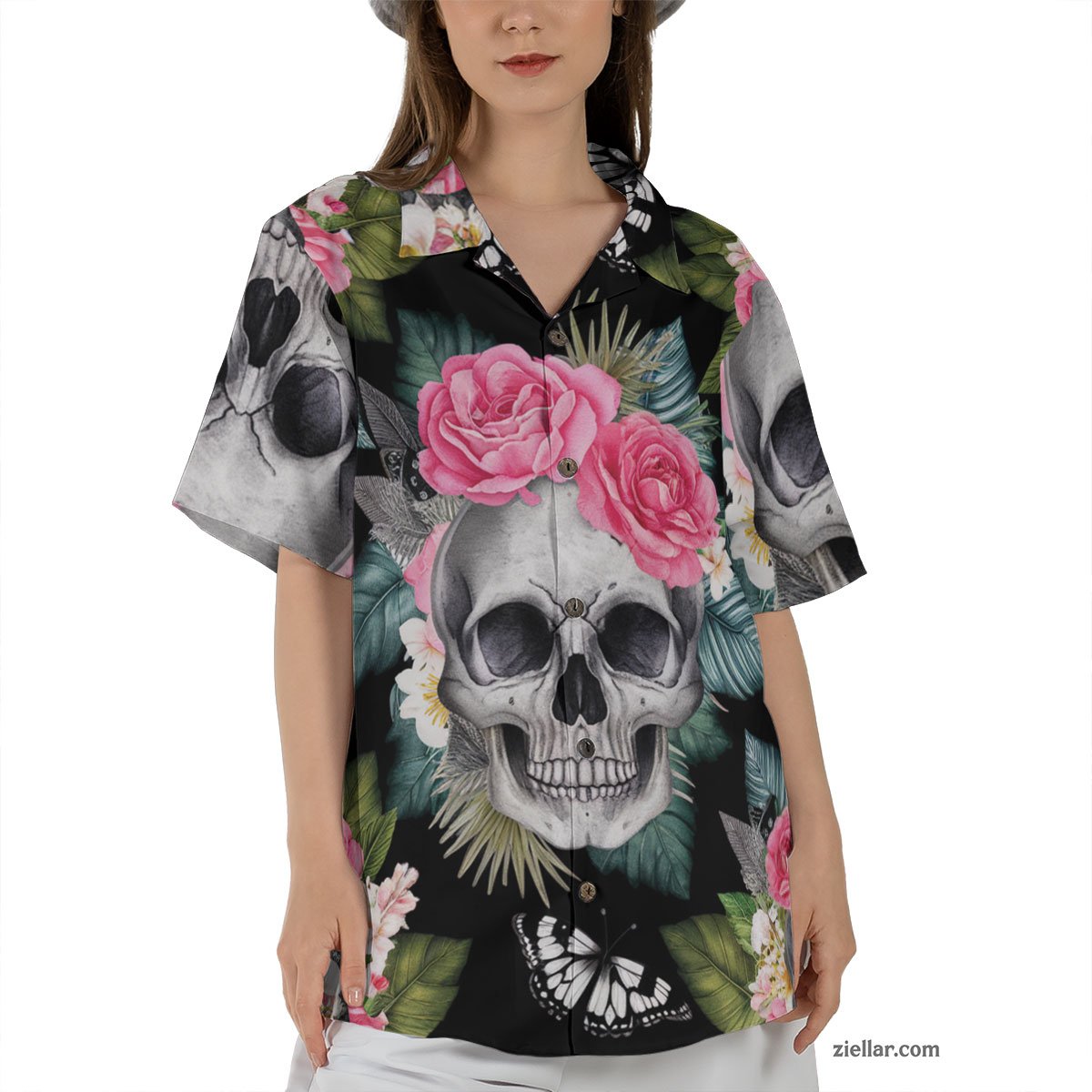 Skull and Butterfly Hawaiian Shirt and Tee, Edgy Aloha Gift for Adults