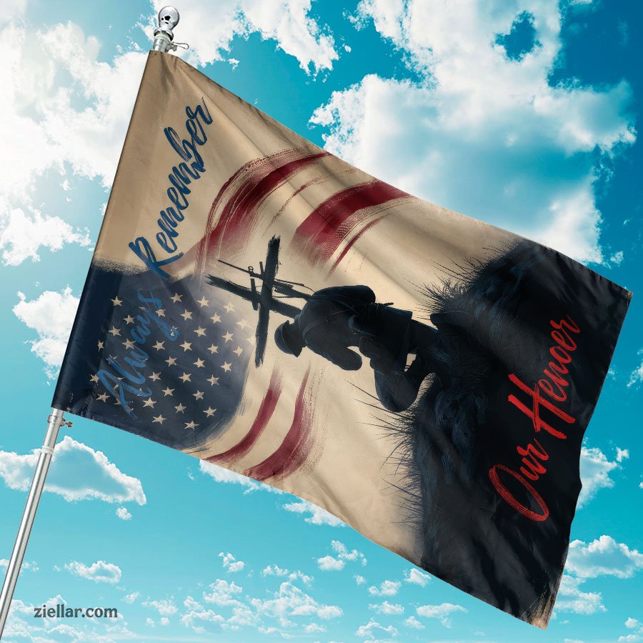 Soldier Kneeling Garden Flag with Cross USA Flag, Patriotic Military Memorial
