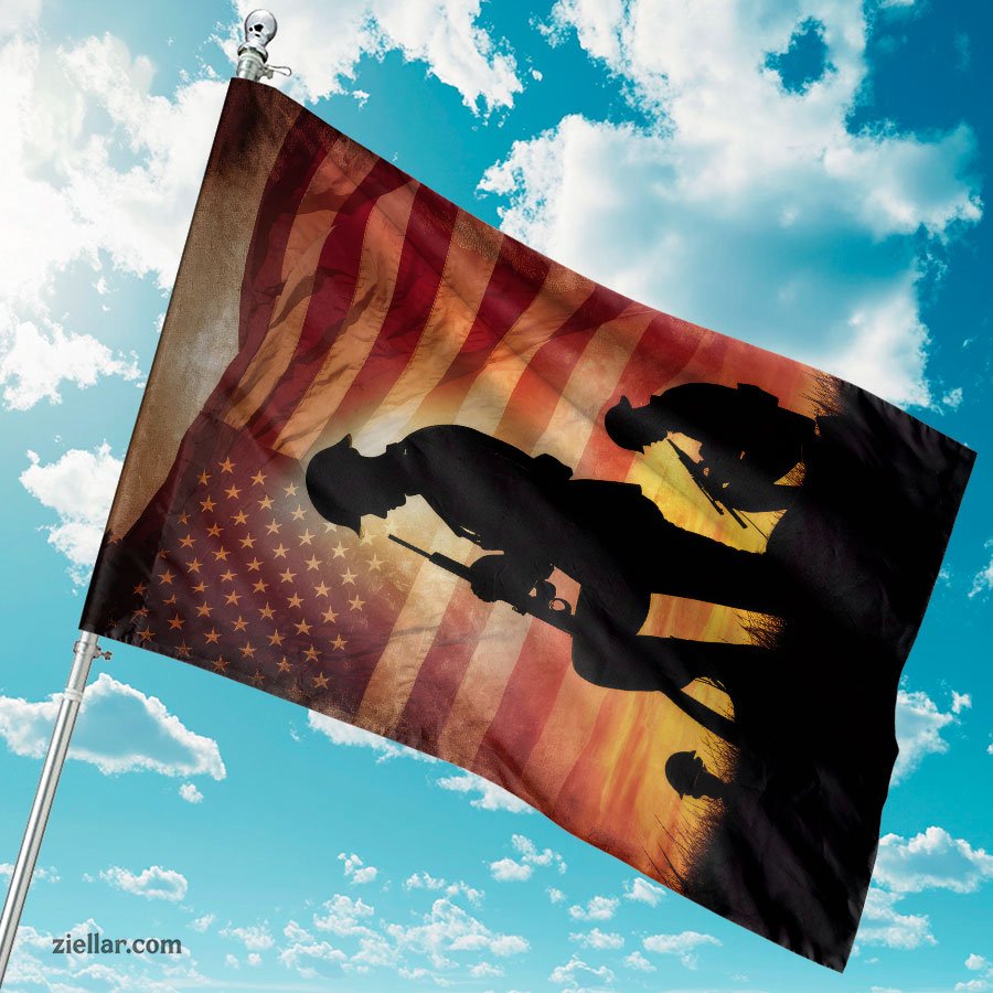 Soldier Silhouettes Over American Flag Patriotic Home Garden Outdoor Yard Banner