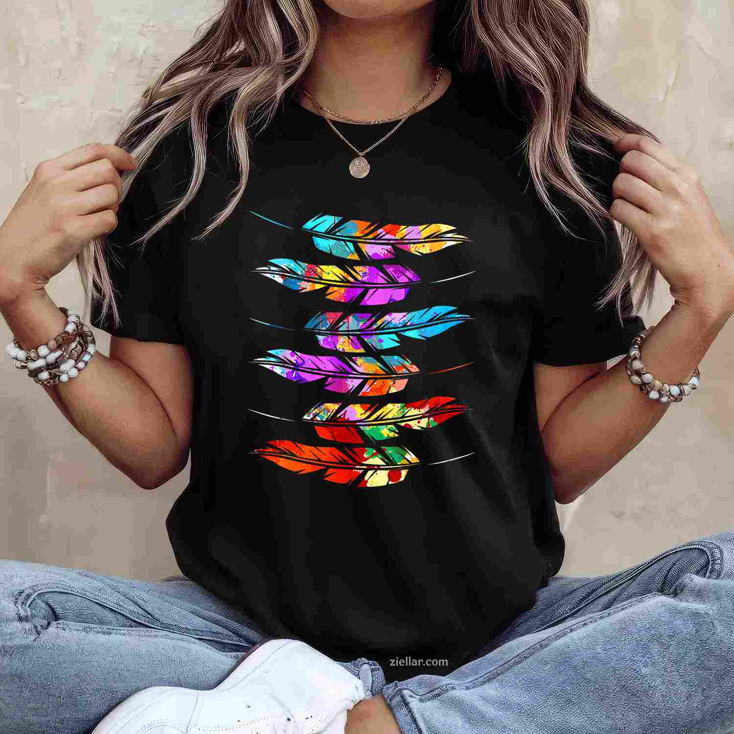 Southwest Native American Indian Tribal Art, Colorful Feather T-Shirt And Tee For Adults