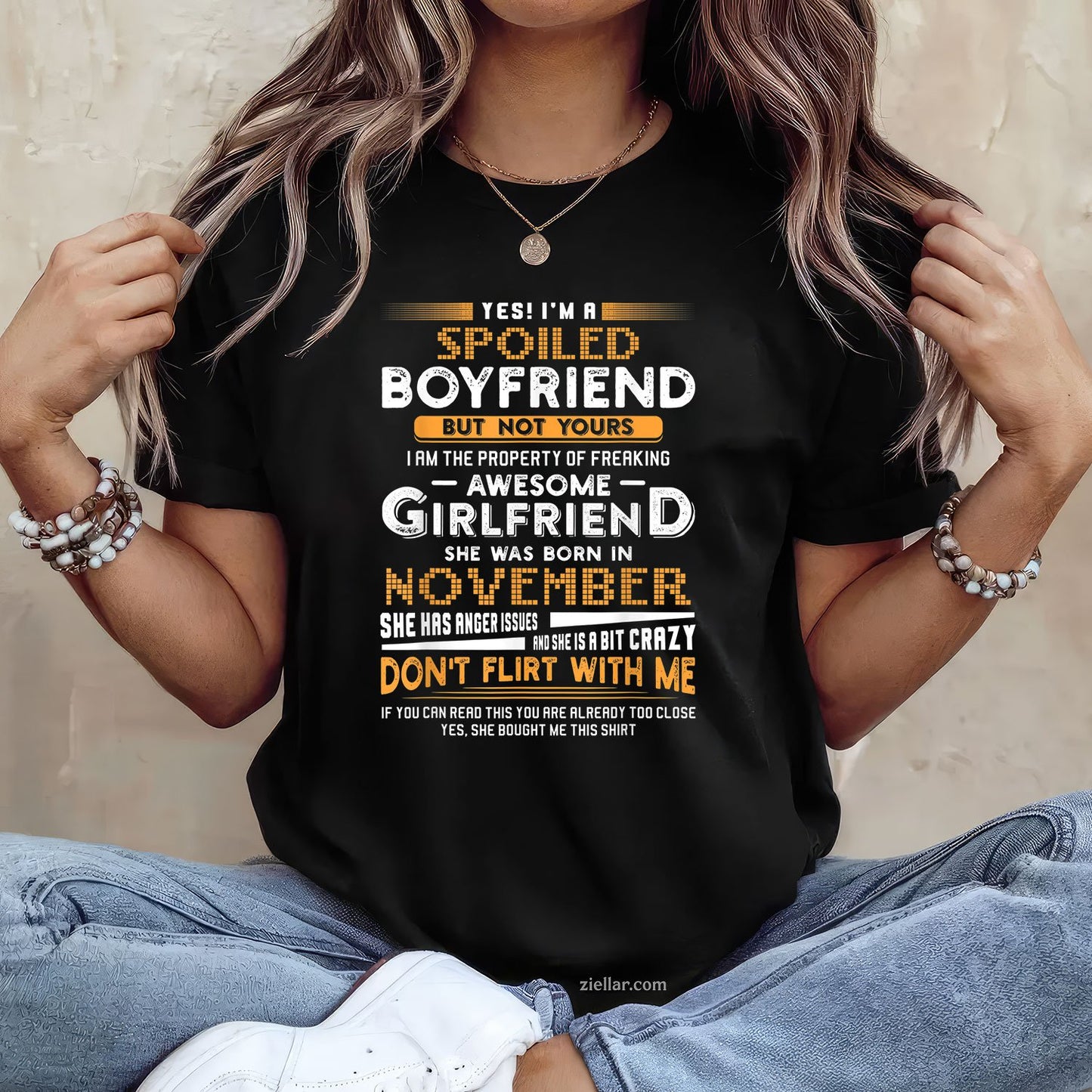 Spoiled Boyfriend of November Girl Tee and T-Shirt, Funny Relationship Birthday T-Shirt for Adults
