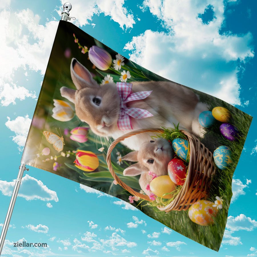 Spring Easter Bunny with Basket Full of Eggs and Beautiful Flowers Decor