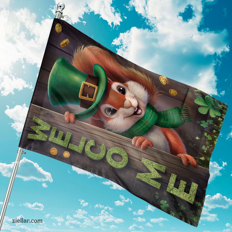 Spring St Patricks Day Flag, Burlap Squirrel Shamrocks Gold Coin Yard Sign