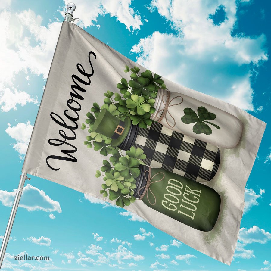 St Patricks Day Garden Flag 12x18 Inch, Shamrocks Mason Jar Burlap Yard Decor