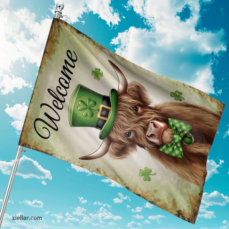 St Patricks Day Garden Flag 12x18 Inch, Highland Cow Shamrocks Yard Decor