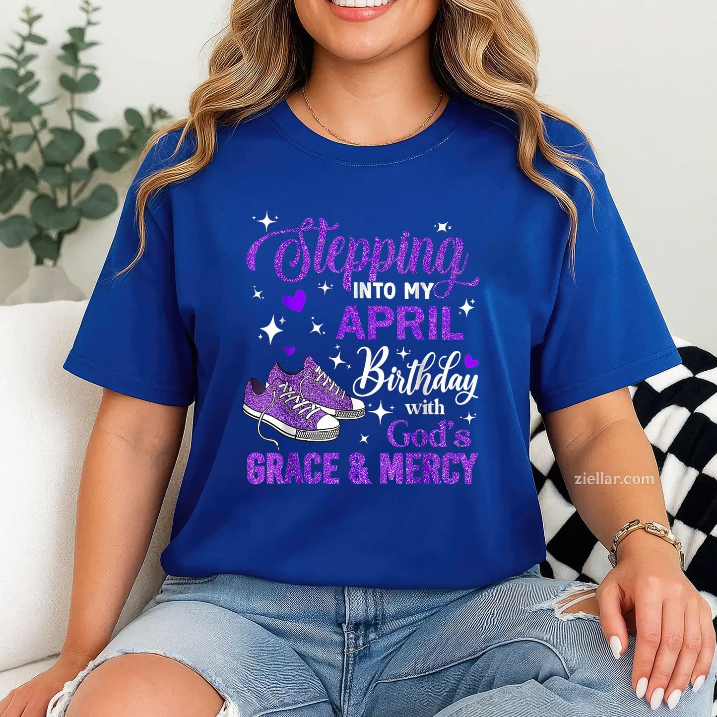 Stepping Into My April Birthday Tee and T-Shirt, With God's Grace and Mercy T-Shirt for Adults
