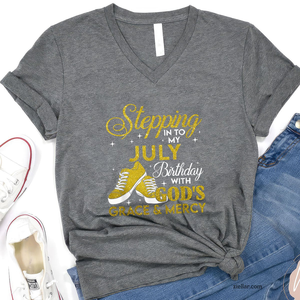 Stepping Into My July Birthday With Gods Grace And Mercy V-Neck Shirt