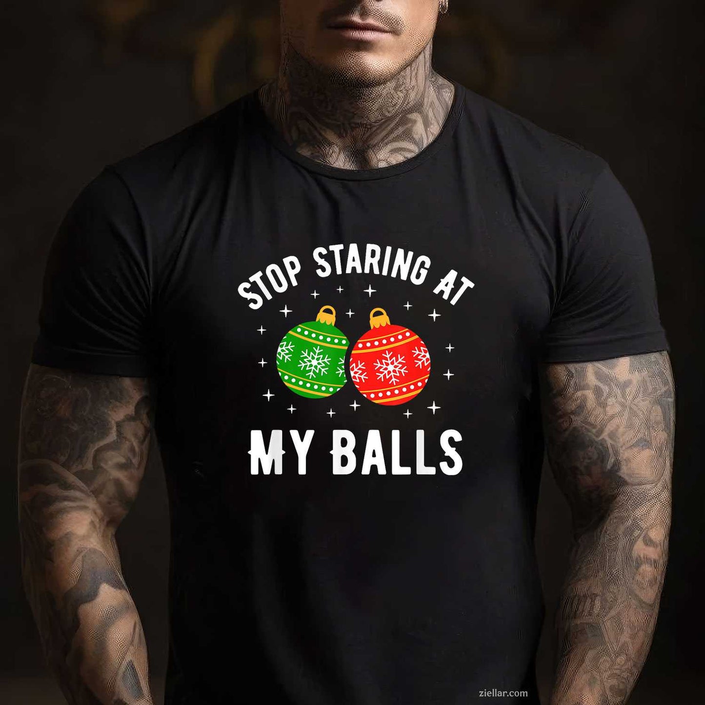 Stop Staring At My Balls Funny Dirty Christmas Adult Humor T-Shirt, A Naughty Adult Christmas Humor Tee