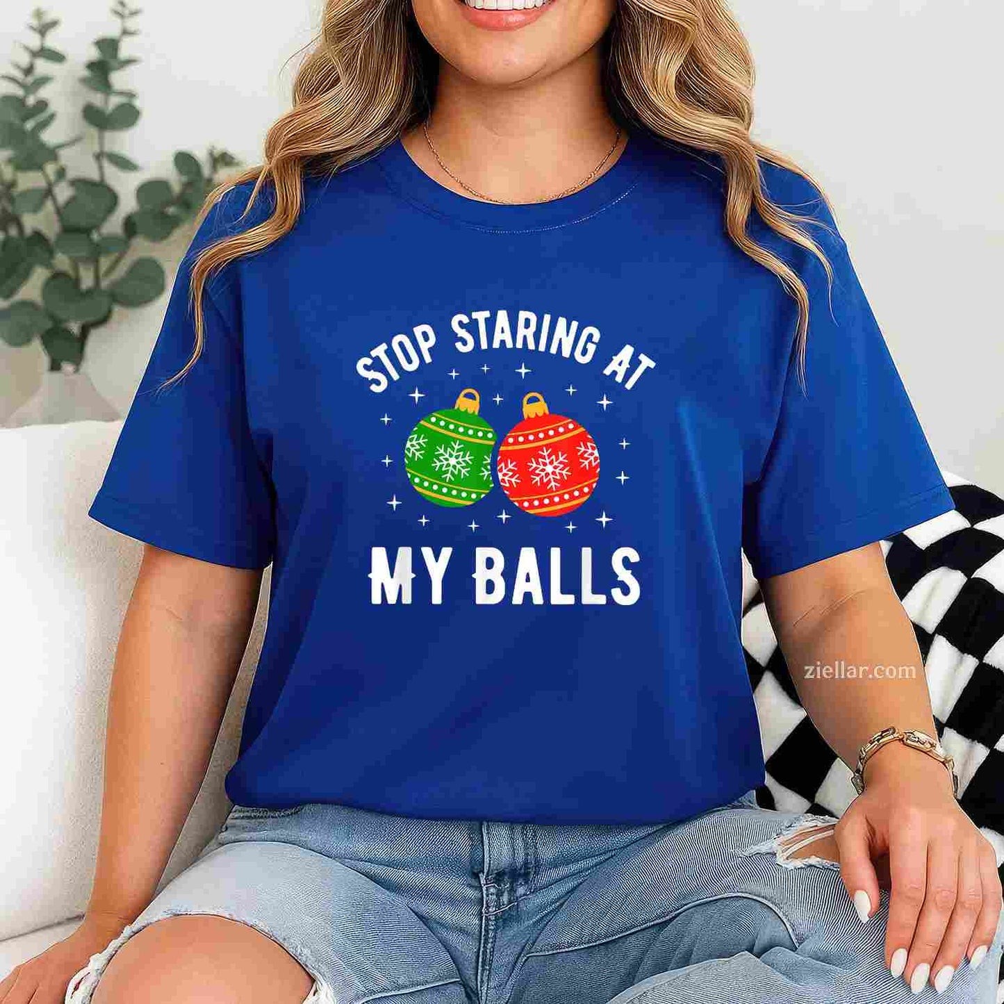 Stop Staring At My Balls Funny Dirty Christmas Adult Humor T-Shirt, A Naughty Adult Christmas Humor Tee