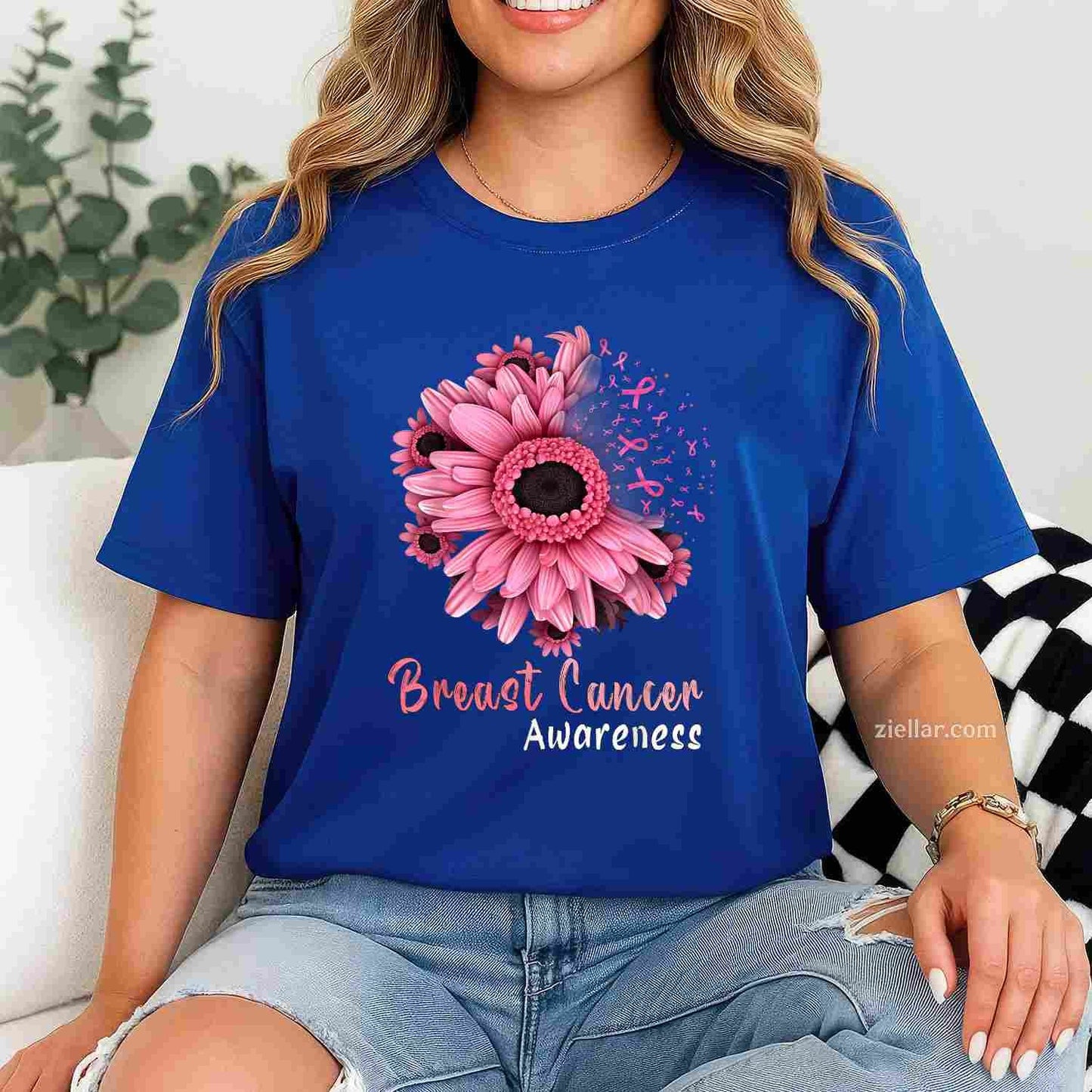 Sunflower Breast Cancer Awareness Pink Ribbon In October Funny Graphic Tee and T-Shirt Gift for Adults Men Women Unisex