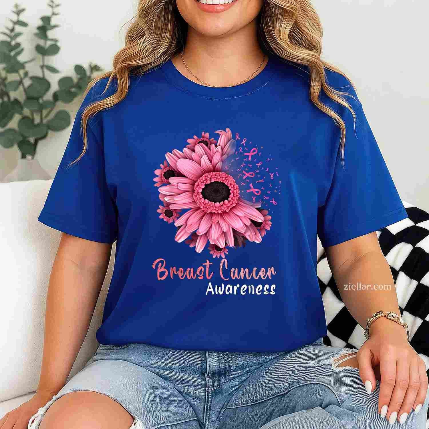 Sunflower Breast Cancer Awareness Pink Ribbon In October Funny Graphic Tee and T-Shirt Gift for Adults Men Women Unisex