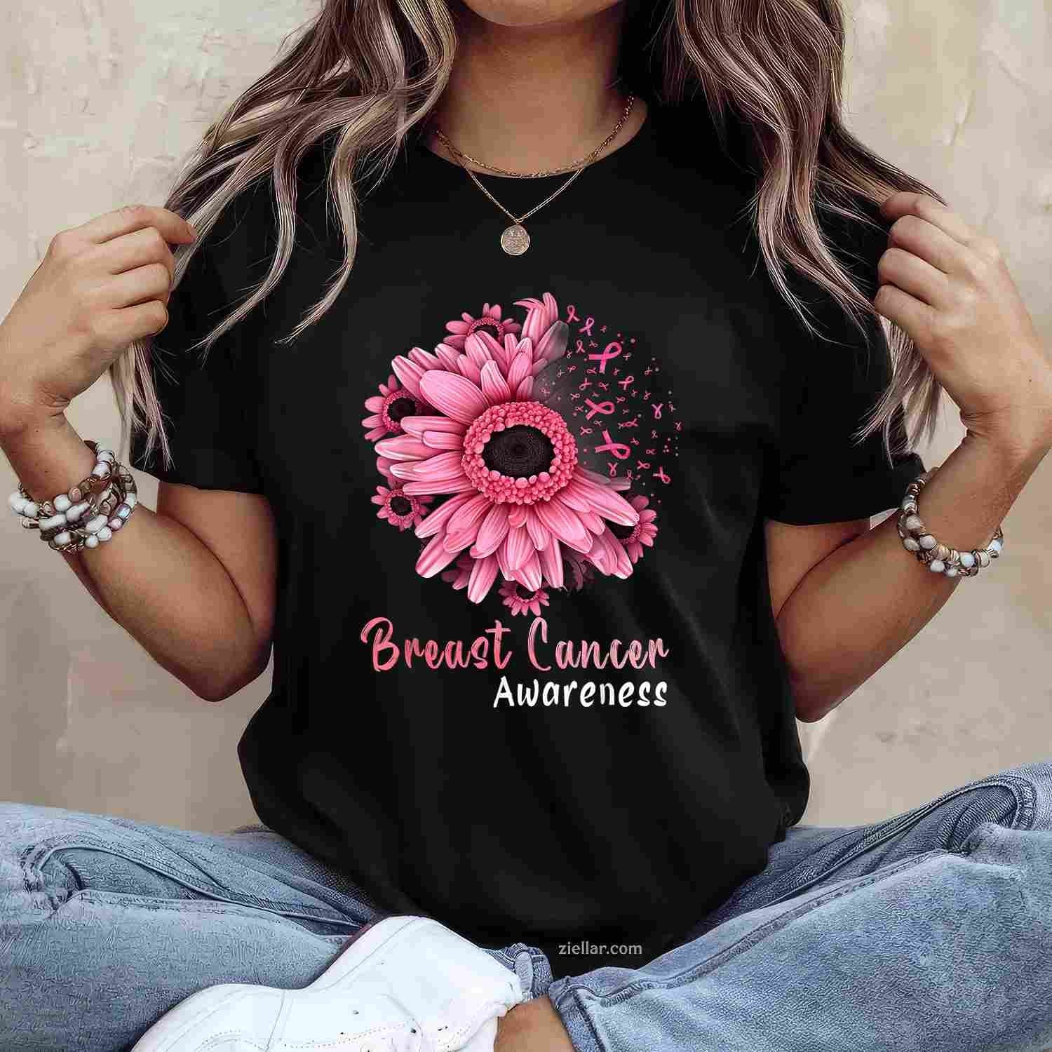 Sunflower Breast Cancer Awareness Pink Ribbon In October Funny Graphic Tee and T-Shirt Gift for Adults Men Women Unisex
