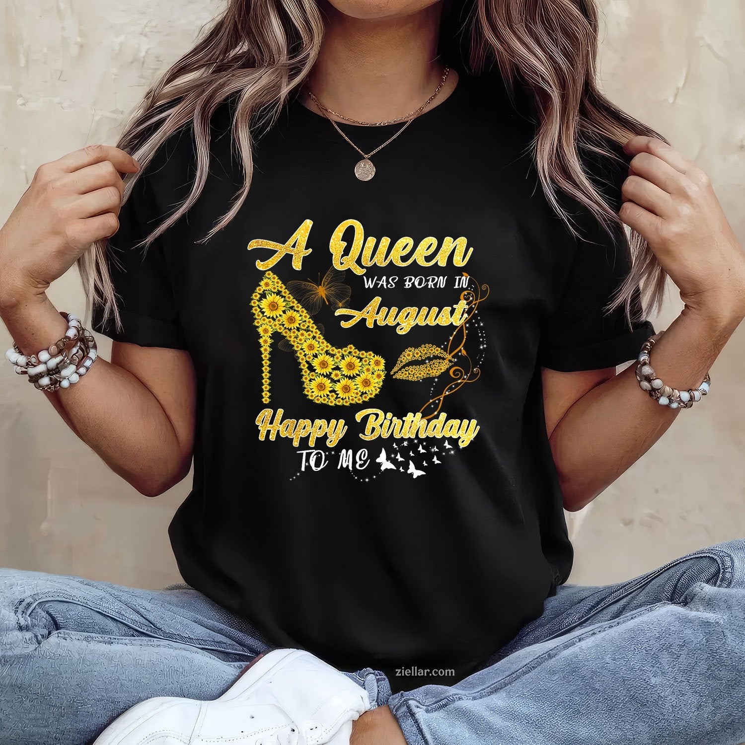 Sunflower Queen Born in August Tee and T-Shirt, Funny Birthday T-Shirt Gift for Women Adults