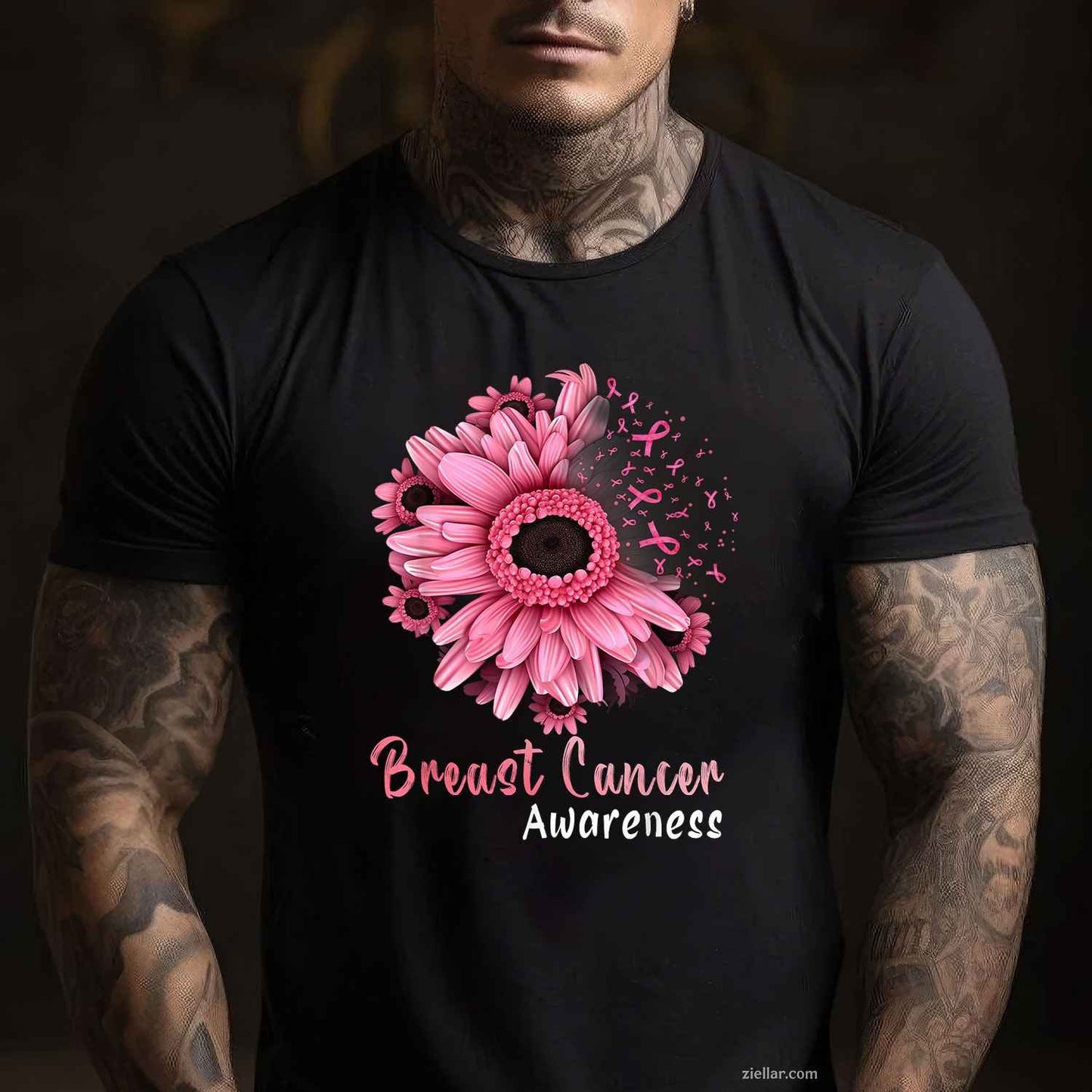 Sunflower Breast Cancer Awareness Pink Ribbon In October Funny Graphic Tee and T-Shirt Gift for Adults Men Women Unisex