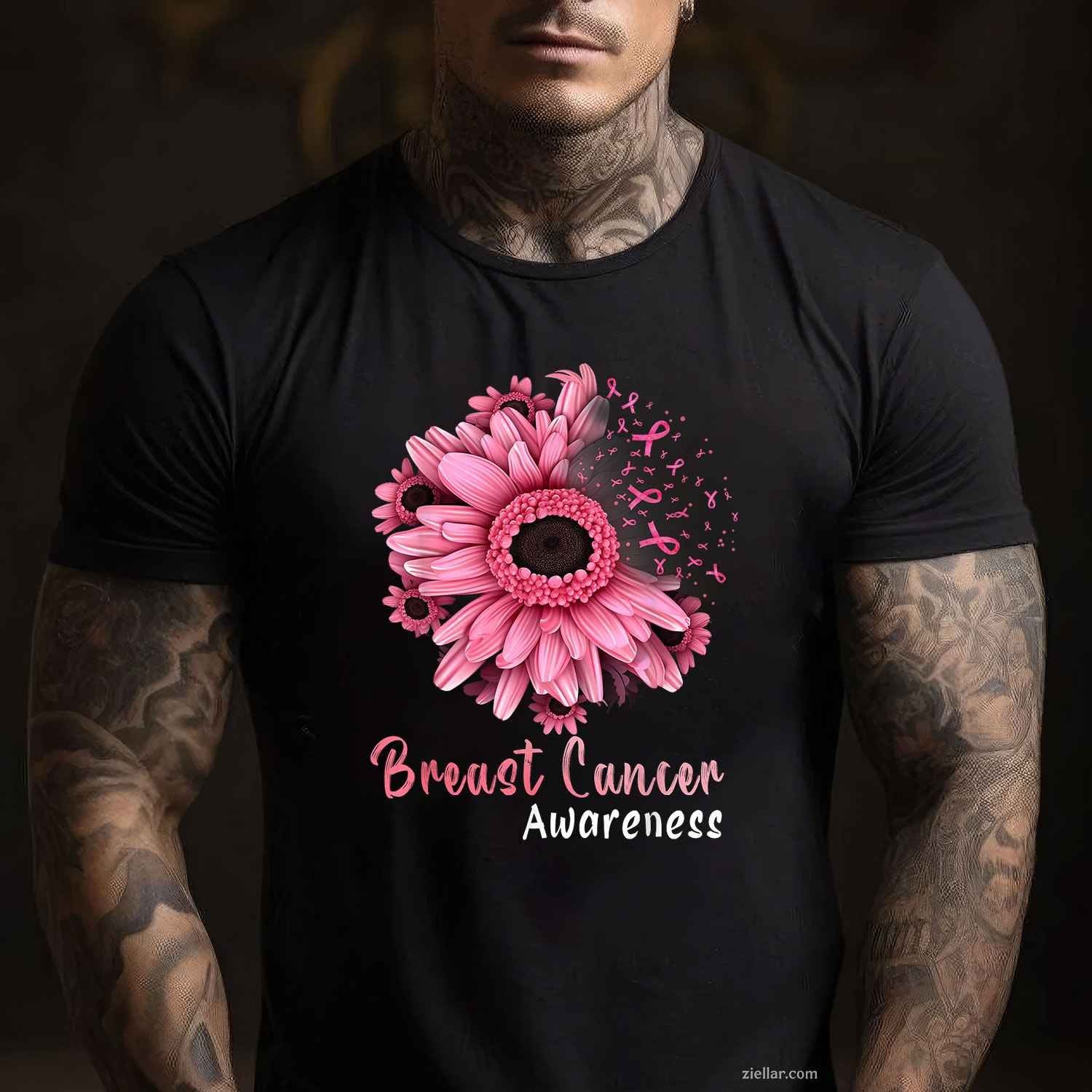 Sunflower Breast Cancer Awareness Pink Ribbon In October Funny Graphic Tee and T-Shirt Gift for Adults Men Women Unisex
