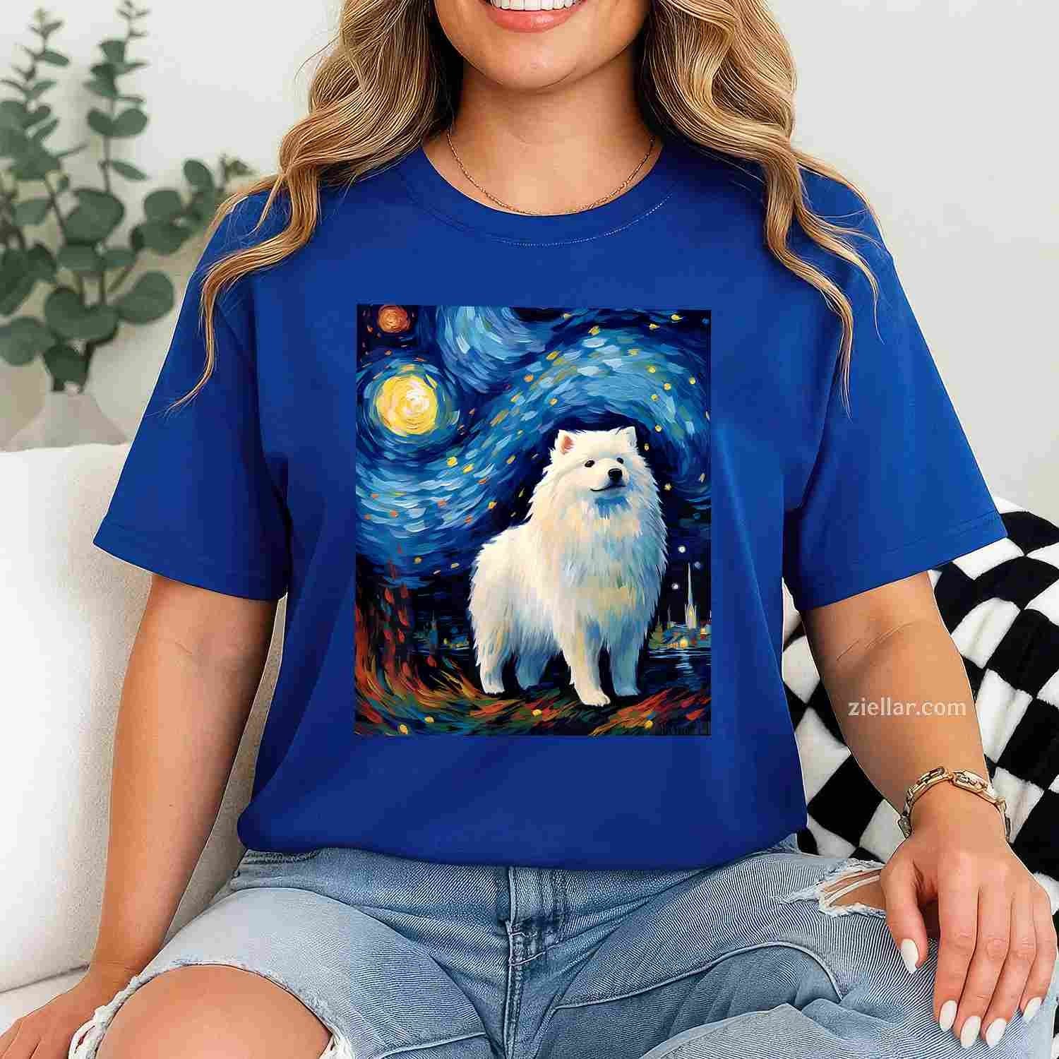 Surreal Starry Night T-Shirt, Samoyed Dog Vintage Graphic Tee For Pet Owner Adults Unisex