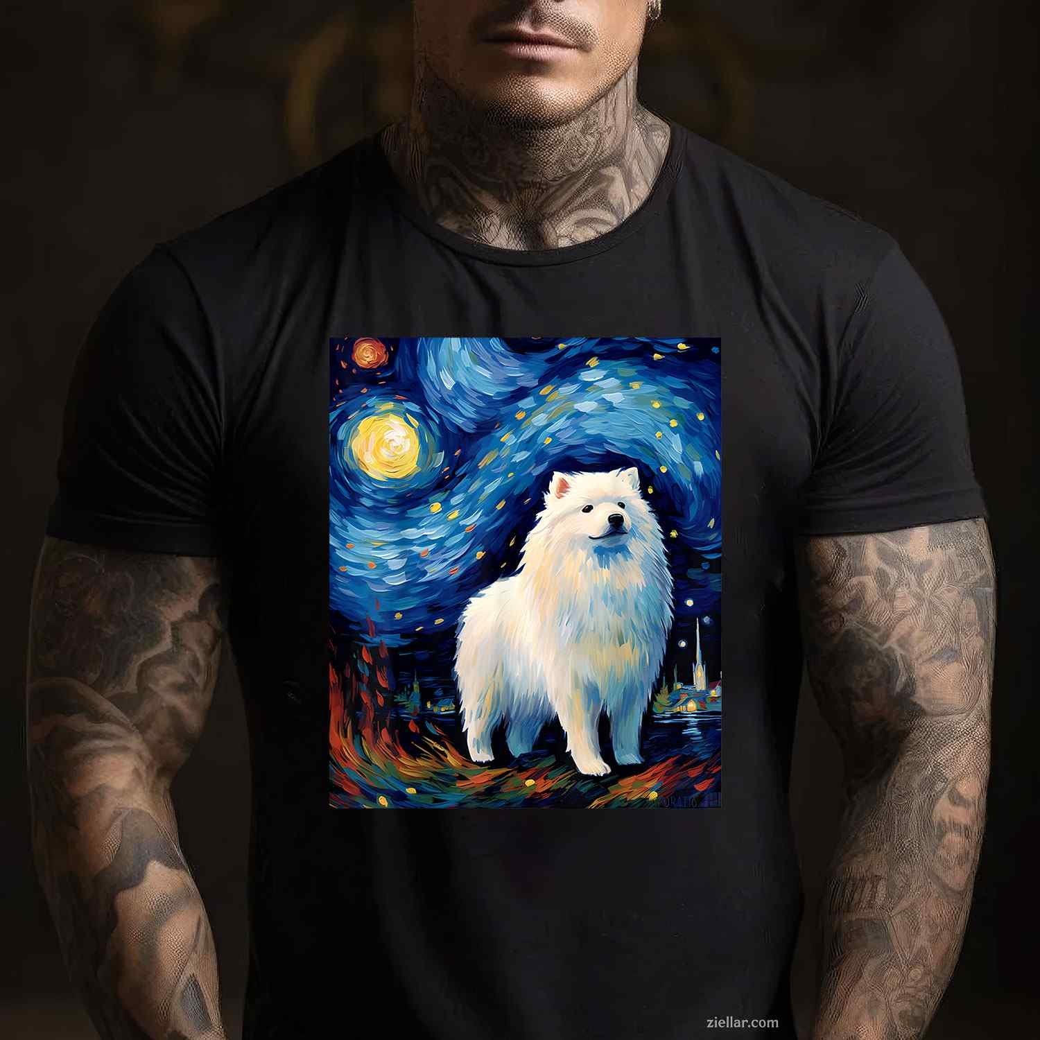 Surreal Starry Night T-Shirt, Samoyed Dog Vintage Graphic Tee For Pet Owner Adults Unisex