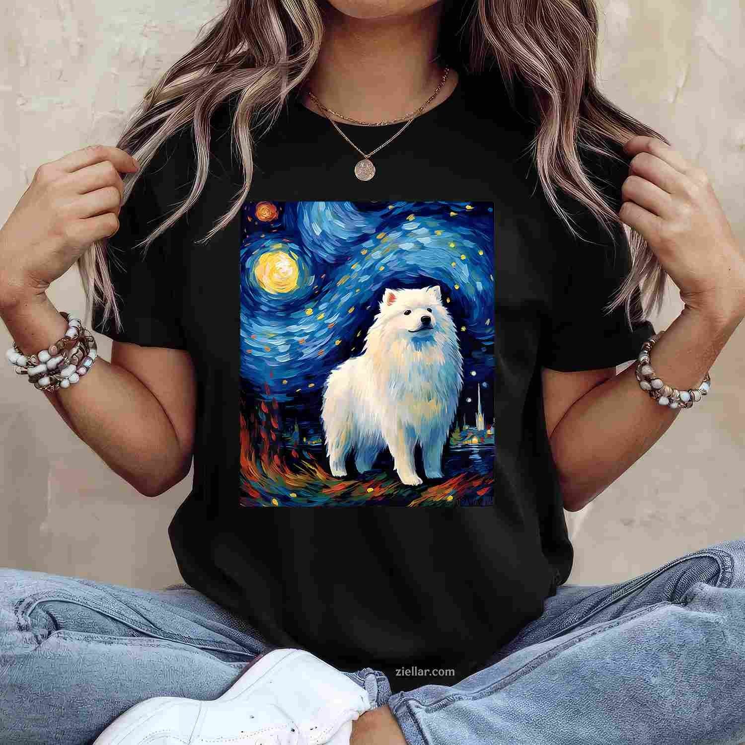 Surreal Starry Night T-Shirt, Samoyed Dog Vintage Graphic Tee For Pet Owner Adults Unisex