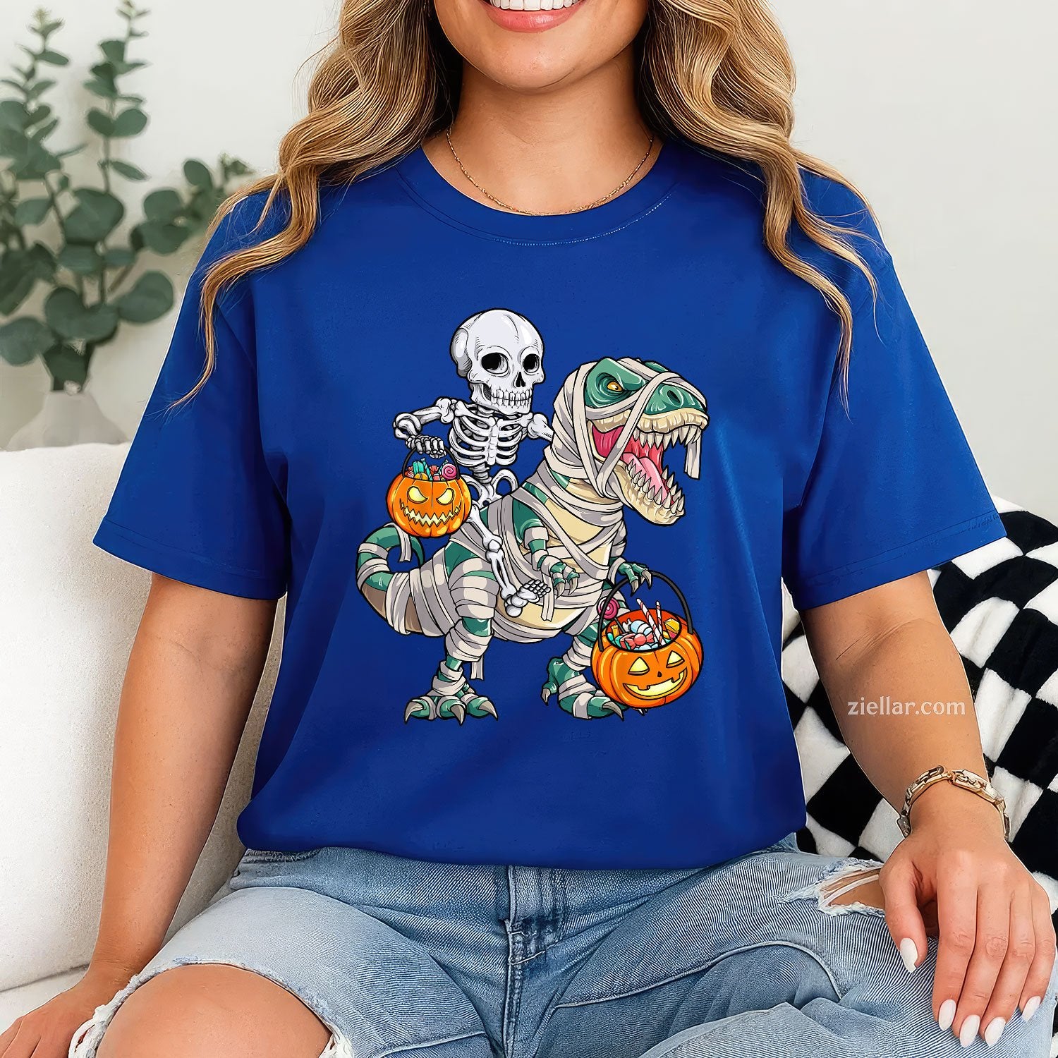 T-Rex Skeleton Mummy Ride Tee and T-Shirt, Funny Dinosaur Pumpkin Halloween T-Shirt