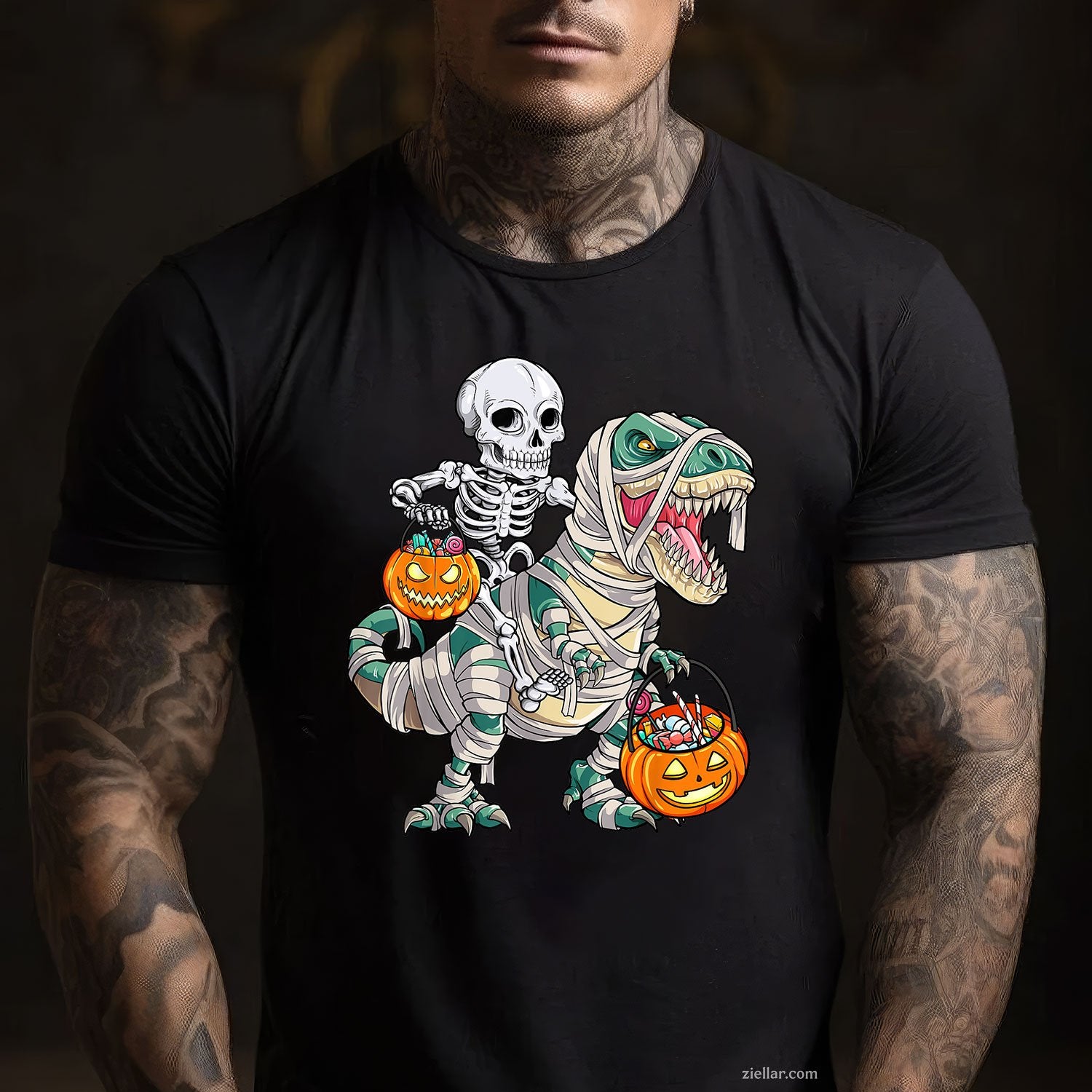 T-Rex Skeleton Mummy Ride Tee and T-Shirt, Funny Dinosaur Pumpkin Halloween T-Shirt