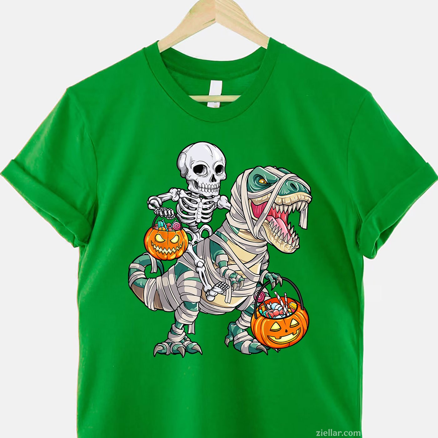 T-Rex Skeleton Mummy Ride Tee and T-Shirt, Funny Dinosaur Pumpkin Halloween T-Shirt