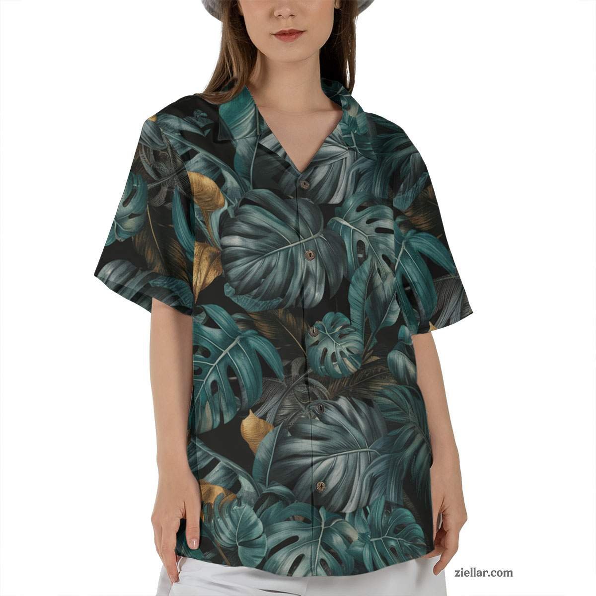 Teal Gold Leaf Print Hawaiian Shirt Tee, Black Summer Beach Outfit Unisex