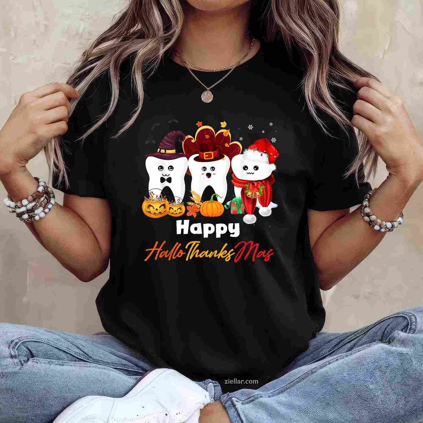 Teeth HalloThanksMas Halloween Thanksgiving Christmas Dental Funny Graphic Tee and T-Shirt Gift for Adults Men Women Unisex