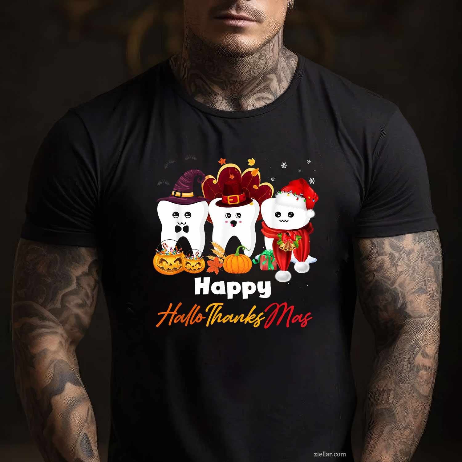 Teeth HalloThanksMas Halloween Thanksgiving Christmas Dental Funny Graphic Tee and T-Shirt Gift for Adults Men Women Unisex