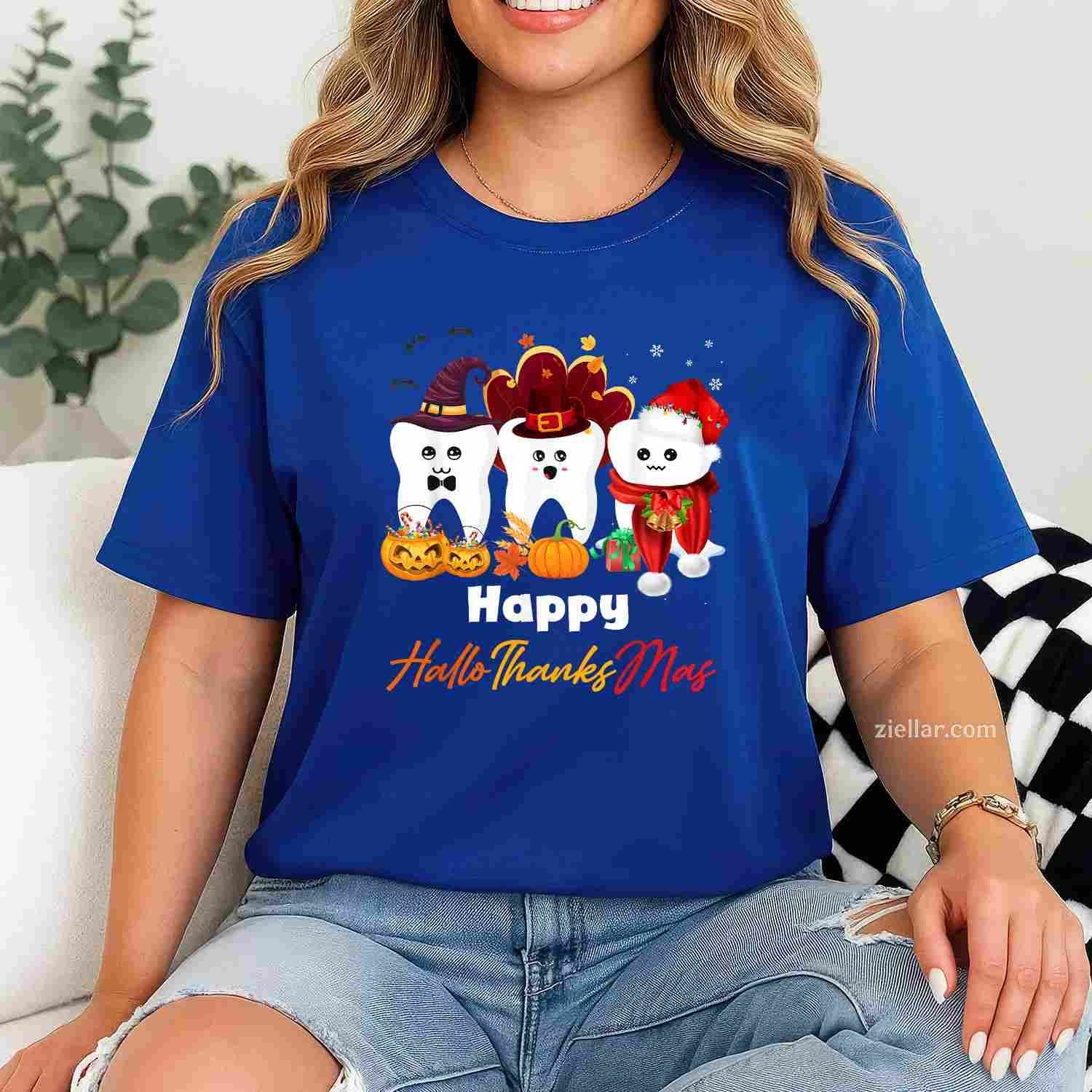 Teeth HalloThanksMas Halloween Thanksgiving Christmas Dental Funny Graphic Tee and T-Shirt Gift for Adults Men Women Unisex