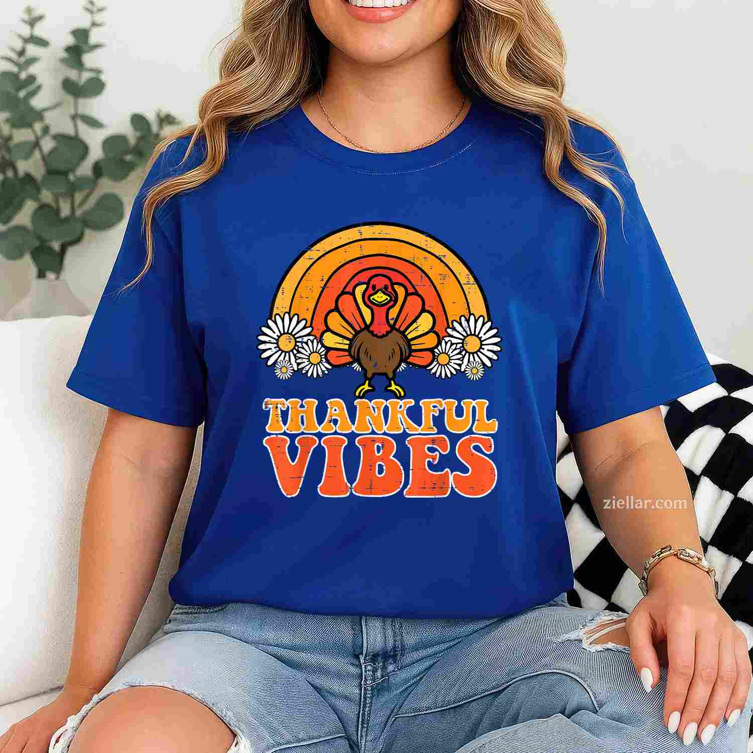Thankful Vibes Turkey Rainbow Funny Retro Thanksgiving Women T-Shirt and Tee for Adults Men Women Unisex