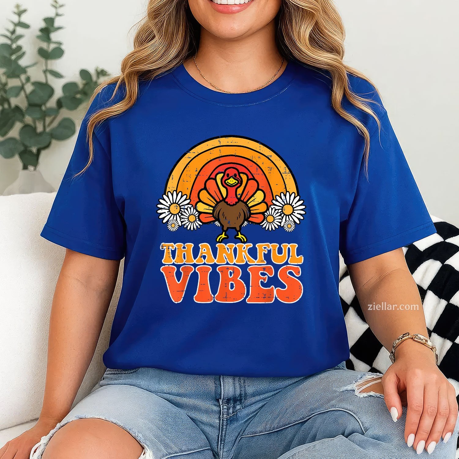 Thankful Vibes Tee and T-Shirt, Turkey Rainbow Retro Thanksgiving T-Shirt for Women Adults