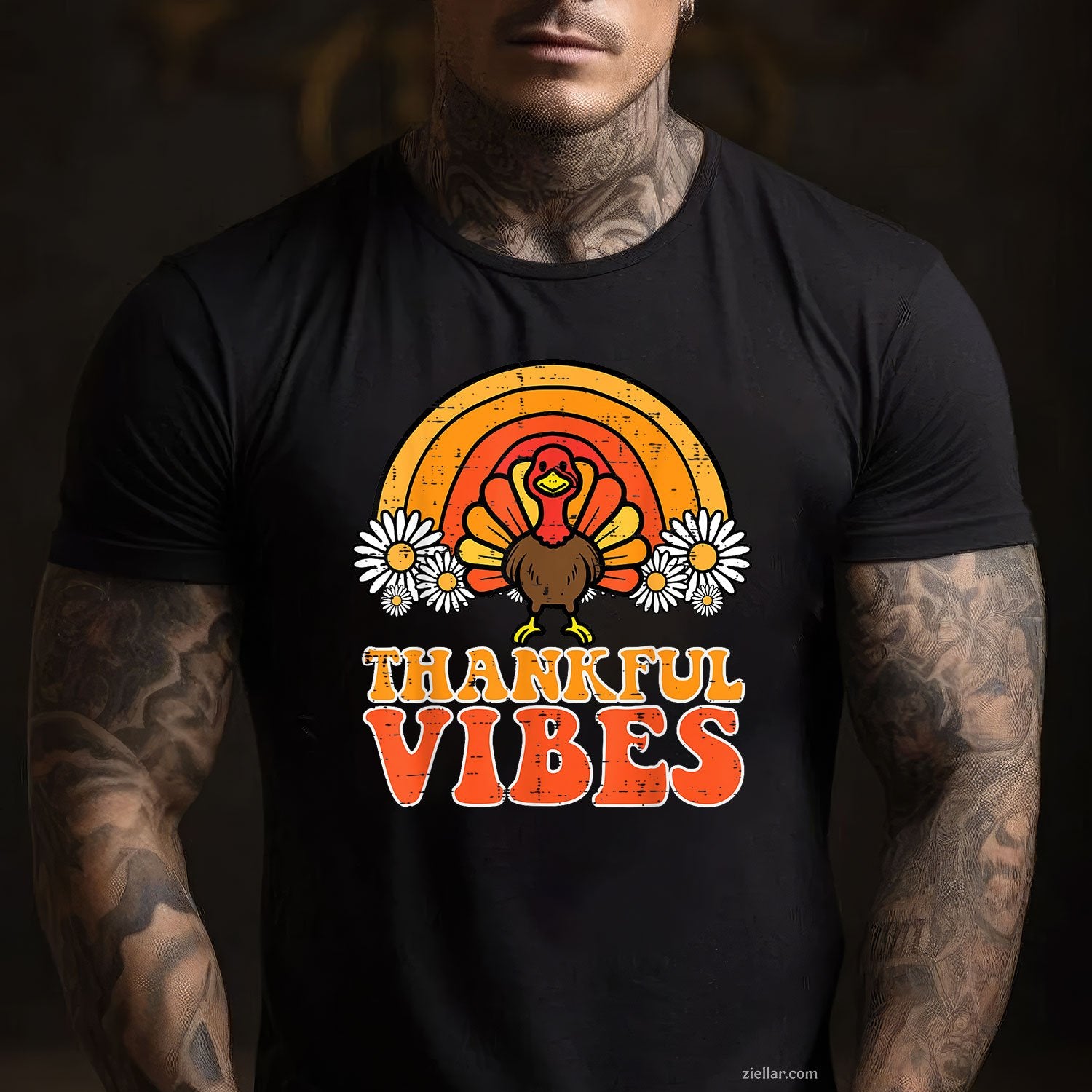 Thankful Vibes Tee and T-Shirt, Turkey Rainbow Retro Thanksgiving T-Shirt for Women Adults