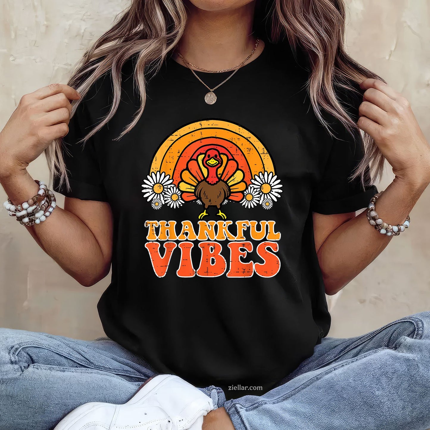 Thankful Vibes Tee and T-Shirt, Turkey Rainbow Retro Thanksgiving T-Shirt for Women Adults