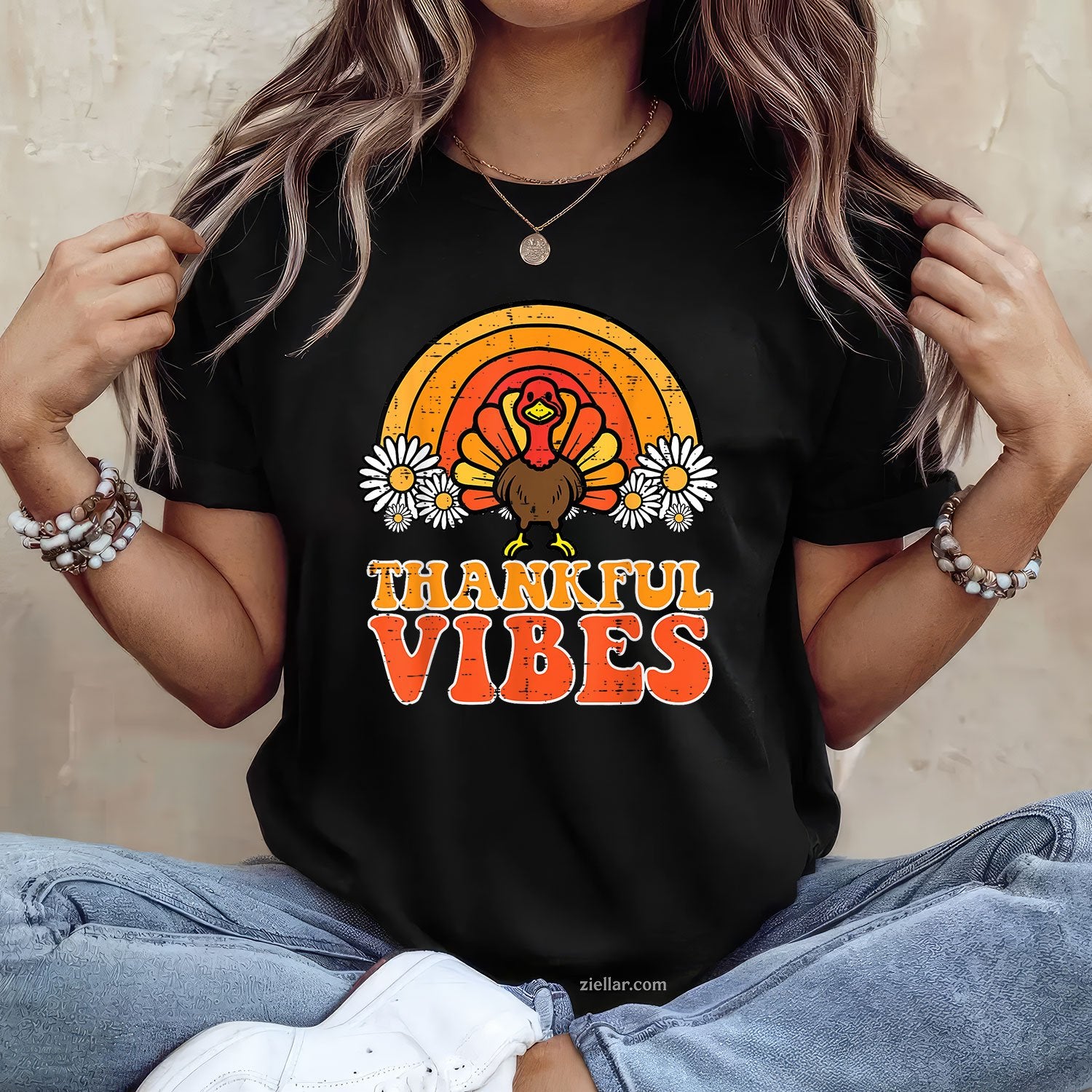 Thankful Vibes Tee and T-Shirt, Turkey Rainbow Retro Thanksgiving T-Shirt for Women Adults